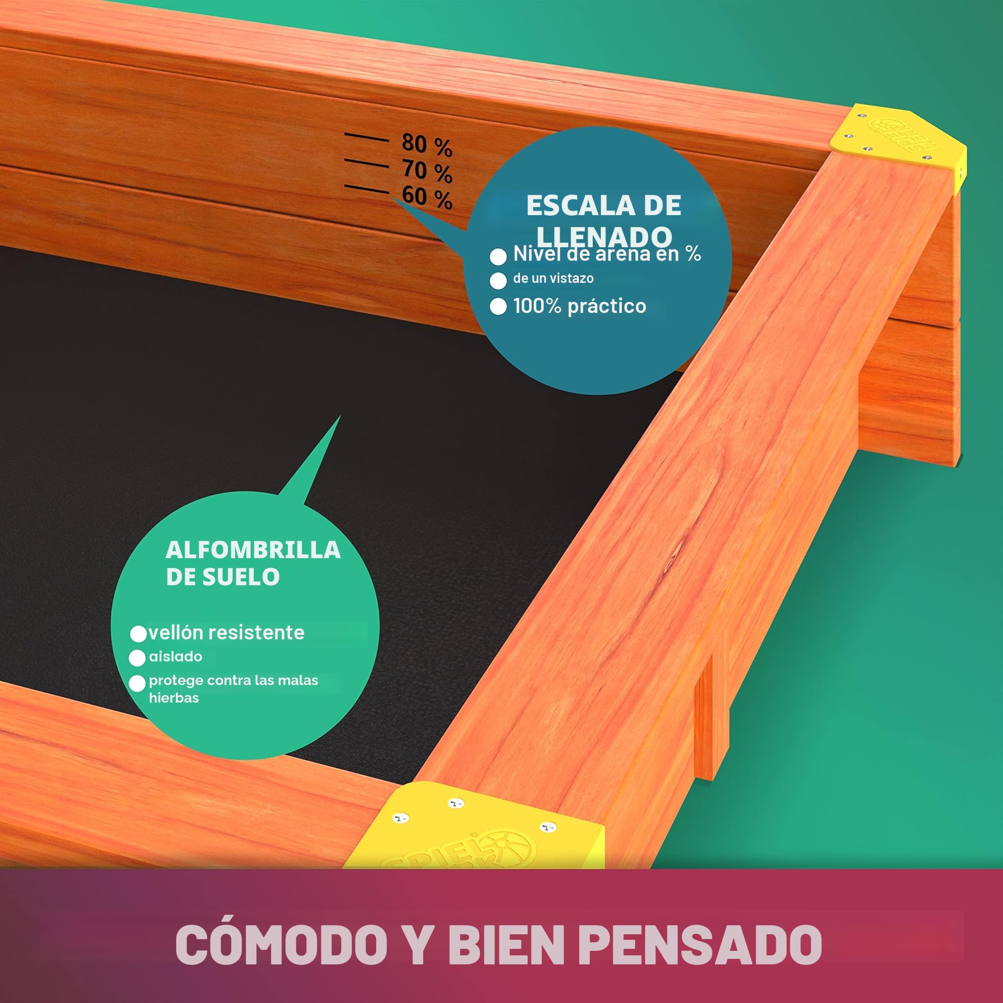 Spielwerk Arenero con Porche Niños Madera 133x127x137cm Techo Protección UV50+ Hidrófugo con Ruedas