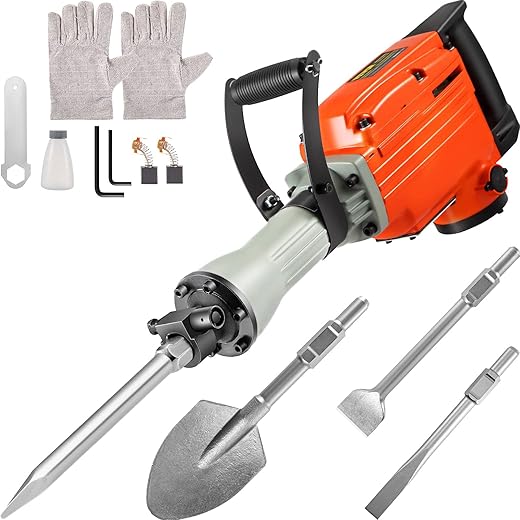 VEVOR Demolition Jack Hammer 2200W Jack Hammer Concrete Breaker 1400 RPM Heavy Duty Electric Jackhammer 4 Chisel Bit W/Gloves & 360°Swiveling Front Handle for Trenching, Chipping, Breaking Holes