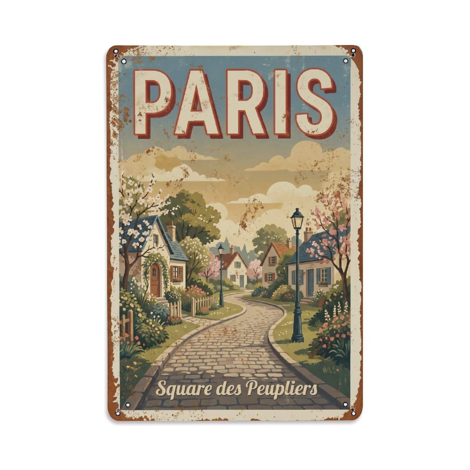 Vintage Travel Paris Square Des Peupliers Garden Village Rusted France Metal Tin Sign Plaque Wall Decor for Cafe, Club Bar, Office, Home Garden Metal Poster 8x12Inch