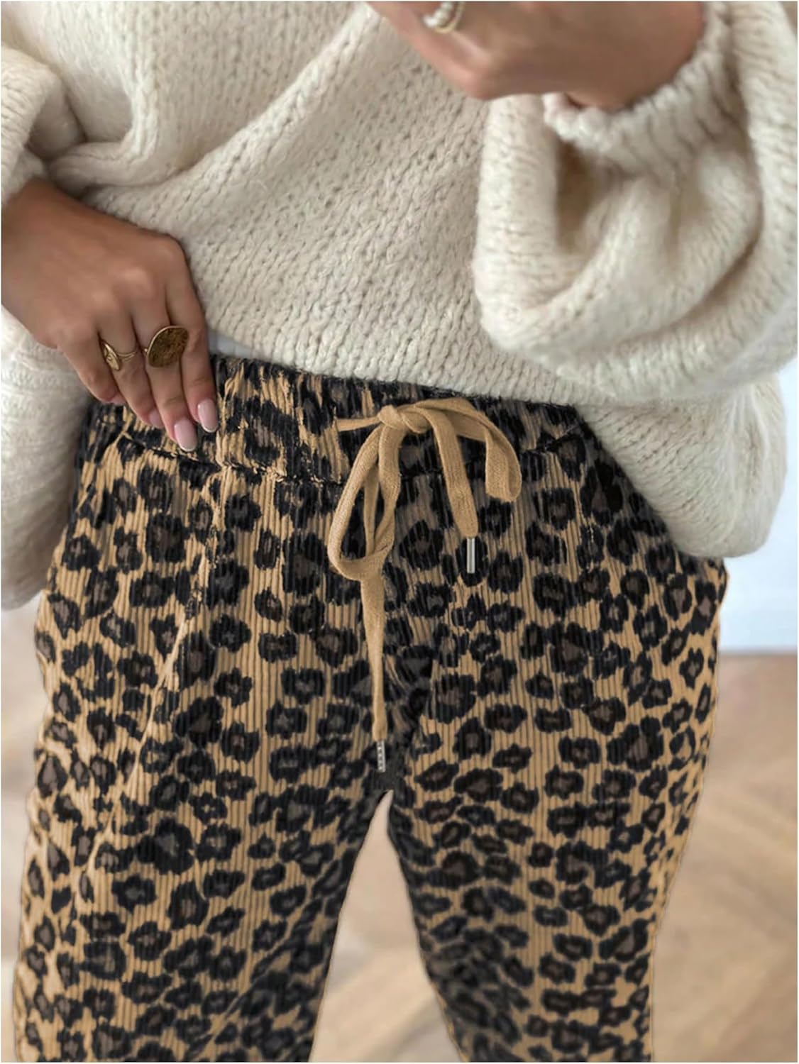 MakeMeChic Women's Cheetah Print Corduroy Pants Tapered Leopard Sweatpants - Image 2