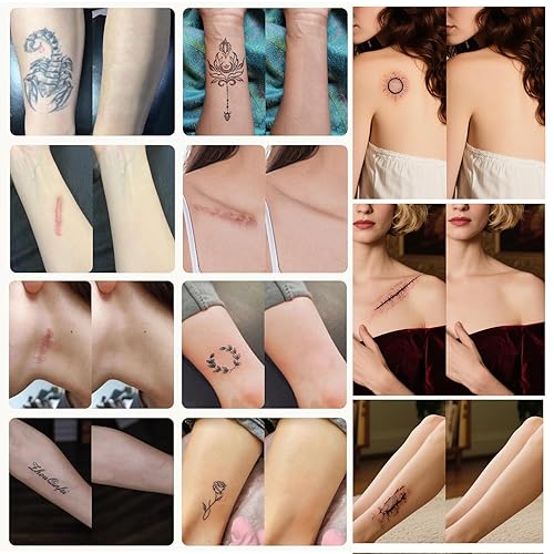 54 Pcs Tattoo Cover Up Patch, Waterproof Sweatproof Sticker, Various Types of Patterns,Ultra Thin Patch for Tattoos Scar and Birthmarks Tattoo Cover Up Tape for Light Skin Tone Q850(FT-Cover Scar Tattoo-Q850)