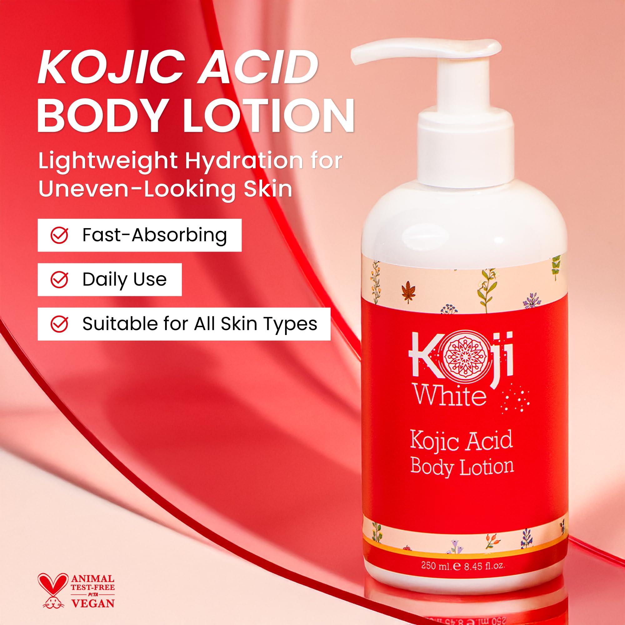 Koji White Kojic Acid Skin Brightening Body Lotion - Daily Moisturizer & Glowing Skin, Dark Spots, Boost Hydrating, Sun Damage Skin, Uneven Skin Tone, Paraben-Free, Vegan, 8.45 Fl Oz Bottle