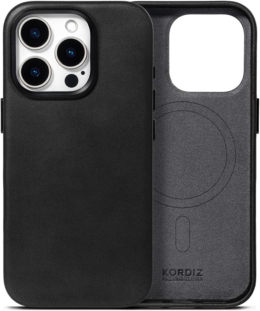 KORDIZ Handcrafted Genuine Leather Case for iPhone 16 Pro Max, Oil Wax Full-Grain Leather, Compatible with MagSafe, Unique Patina, Camera Control Button, Metal Buttons, (6.9"), Black