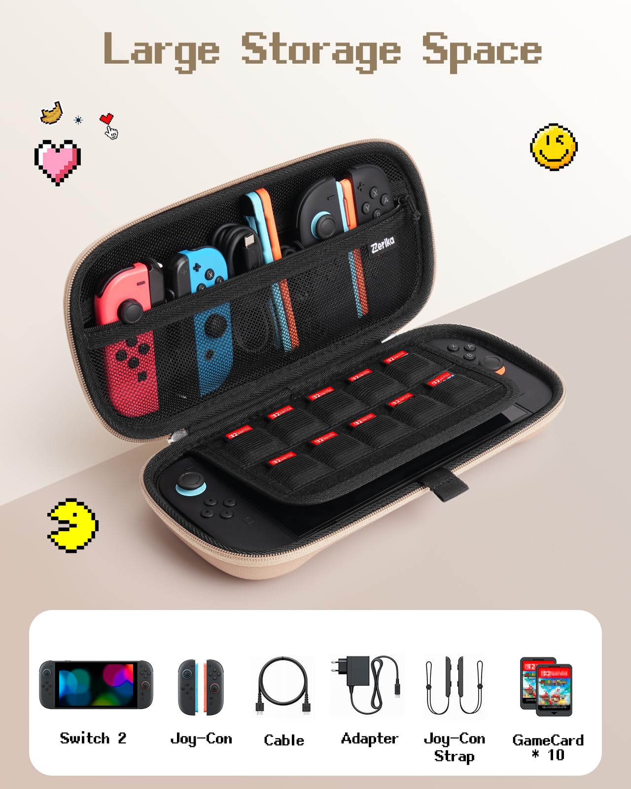 Funda para Nintendo Switch 2 2025, Diseño Mejorado con Estructura Alveolar Amortiguadora, Funda Estuche de Transporte para la Consola Nintendo Switch 2,10 Ranuras para Tarjetas de Juego (Beige)