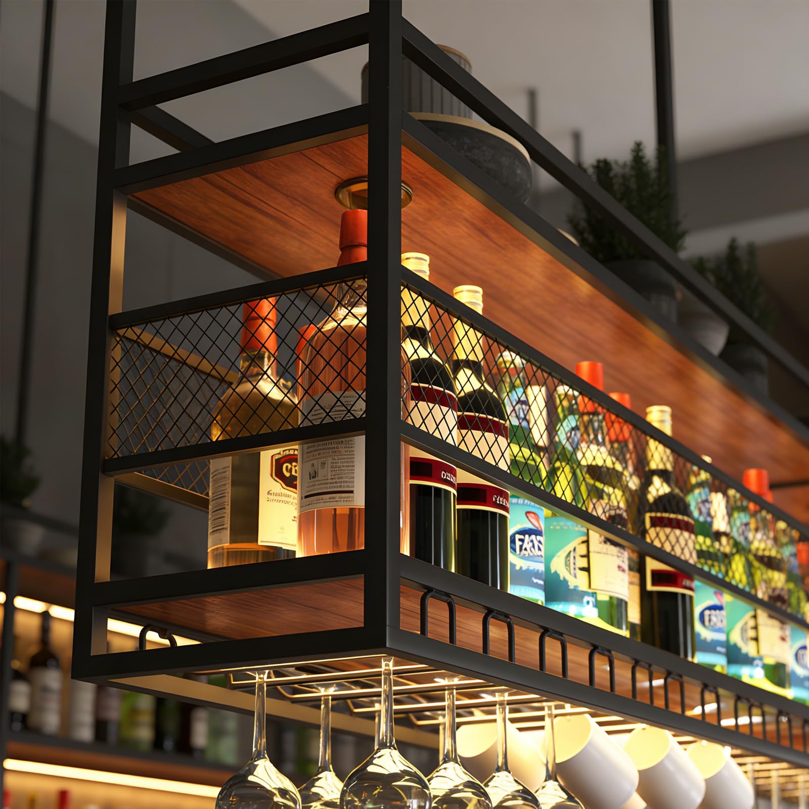 Deckenregal Weinregal, Hängendes Weinglasregal aus Metall, 2-stufiges Bar-Display Weinlagerhalter, für Bar Restaurant Cafe Küche (Schwarz, 120cm)