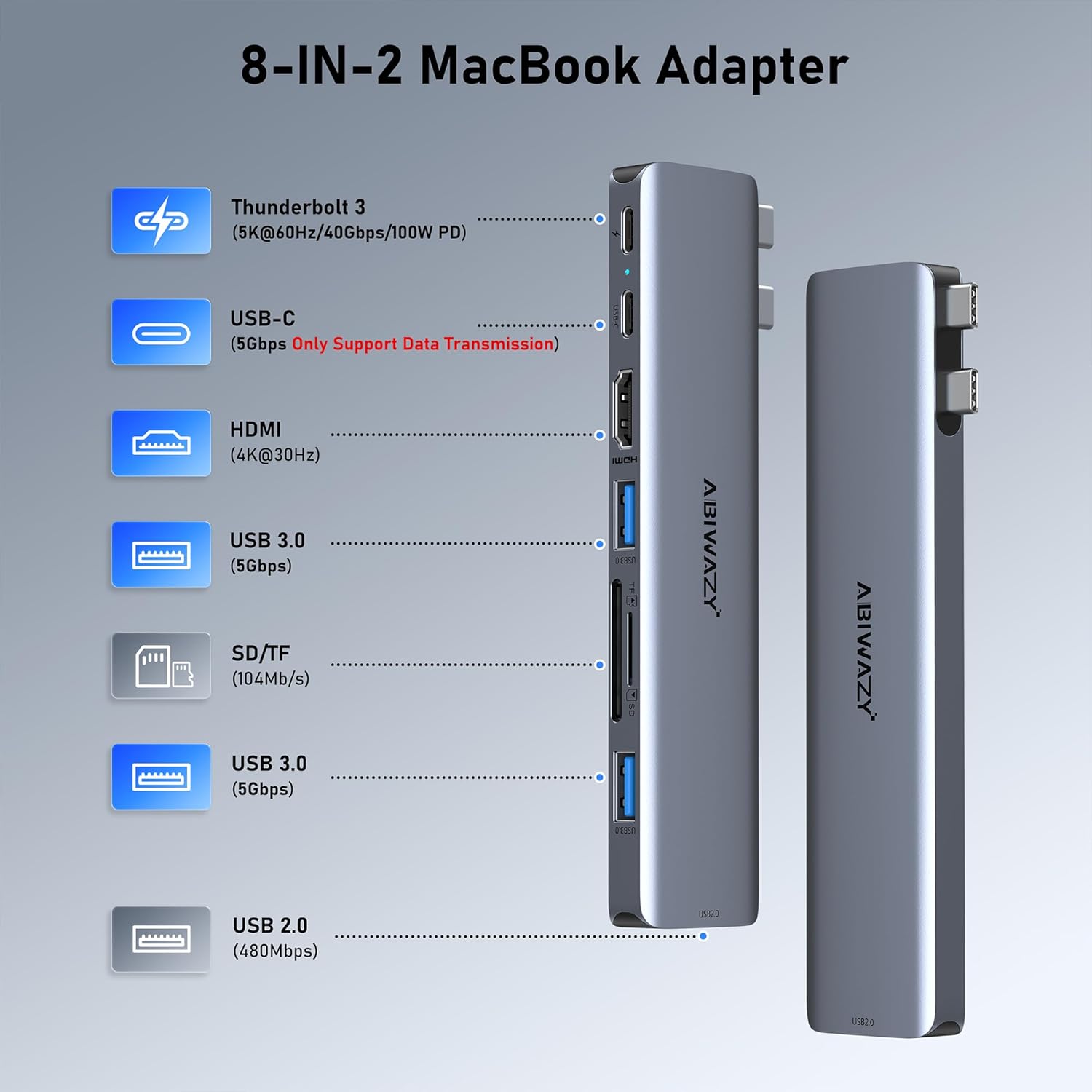USB C Hub Adapter for MacBook Pro/Air M4 M3 M2 M1, 8-in-2 Mac USB Adapter Multiport, MacBook Accessories with Thunderbot 3, HDMI 4K@30Hz, USB-C/3 USB-A, SD/Micro SD Card Reader