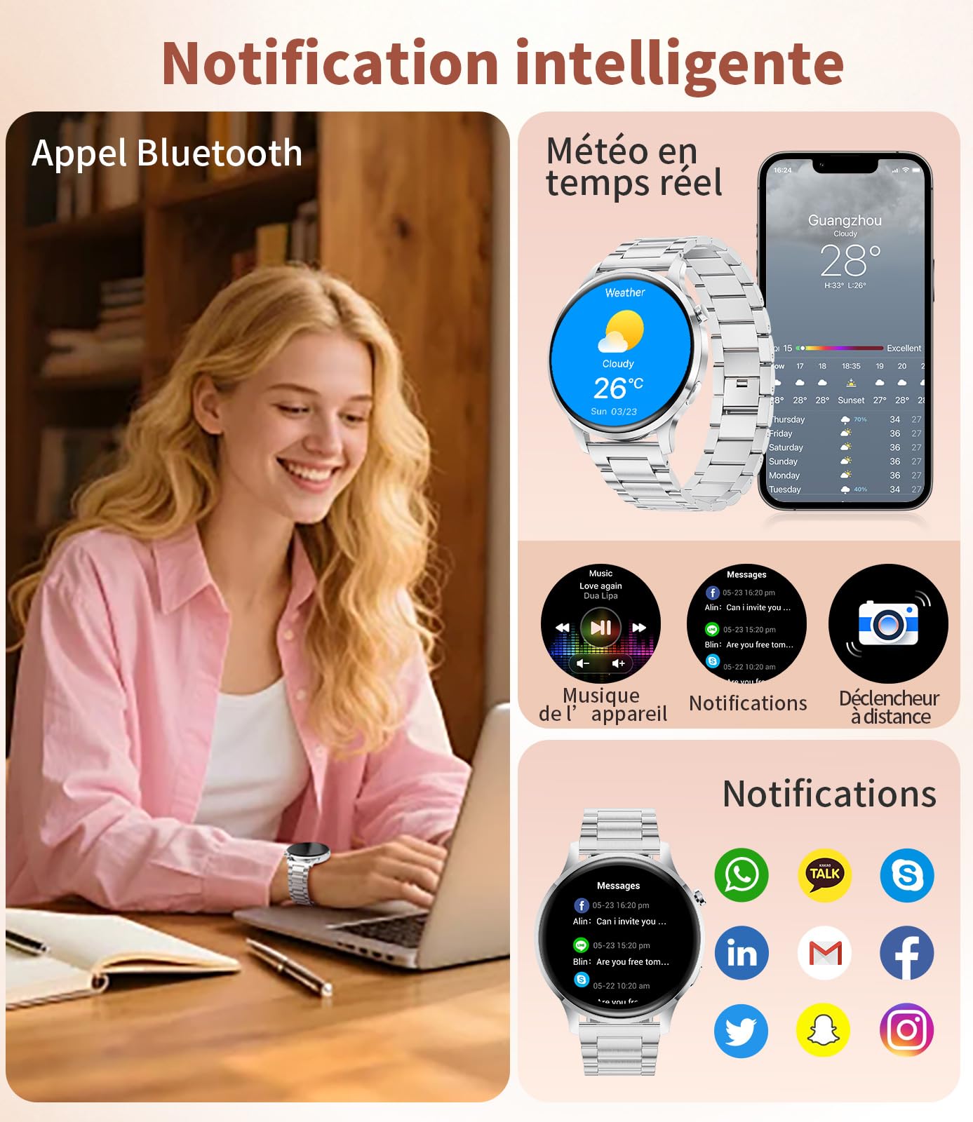 SUNKTA Montre Connectée Femme 7,9mm Ultrafin 1,32" AMOLED Appel Bluetooth Acier Elegant Smartwatch pour Android iOS,Fréquence Cardiaque,Moniteur de Sommeil,Podomètre,Calories,100+ Mode Sport,Argent