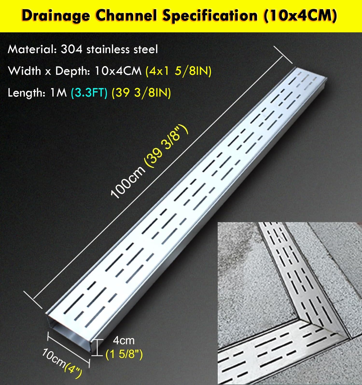 Odpływ kanałowy o niskim profilu – 5 szt. 1 m (39 cali) krata o płytkim przepływie 10 x 4 cm (4 x 1,5") do ogrodu/podwórka wykopu wodnego system rynnowy materiały budowlane - opcje 35/50/70/100/150 mm