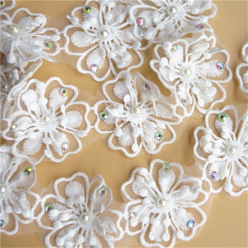 Bordure En Dentelle Avec Embellissements De Perles Blanches Par Mètre - Lacets Et Tissu Indiens Brodés Blancs, Bordure En Nacre En Ruban Bohème Par Mètre De Dentelle Saree - France