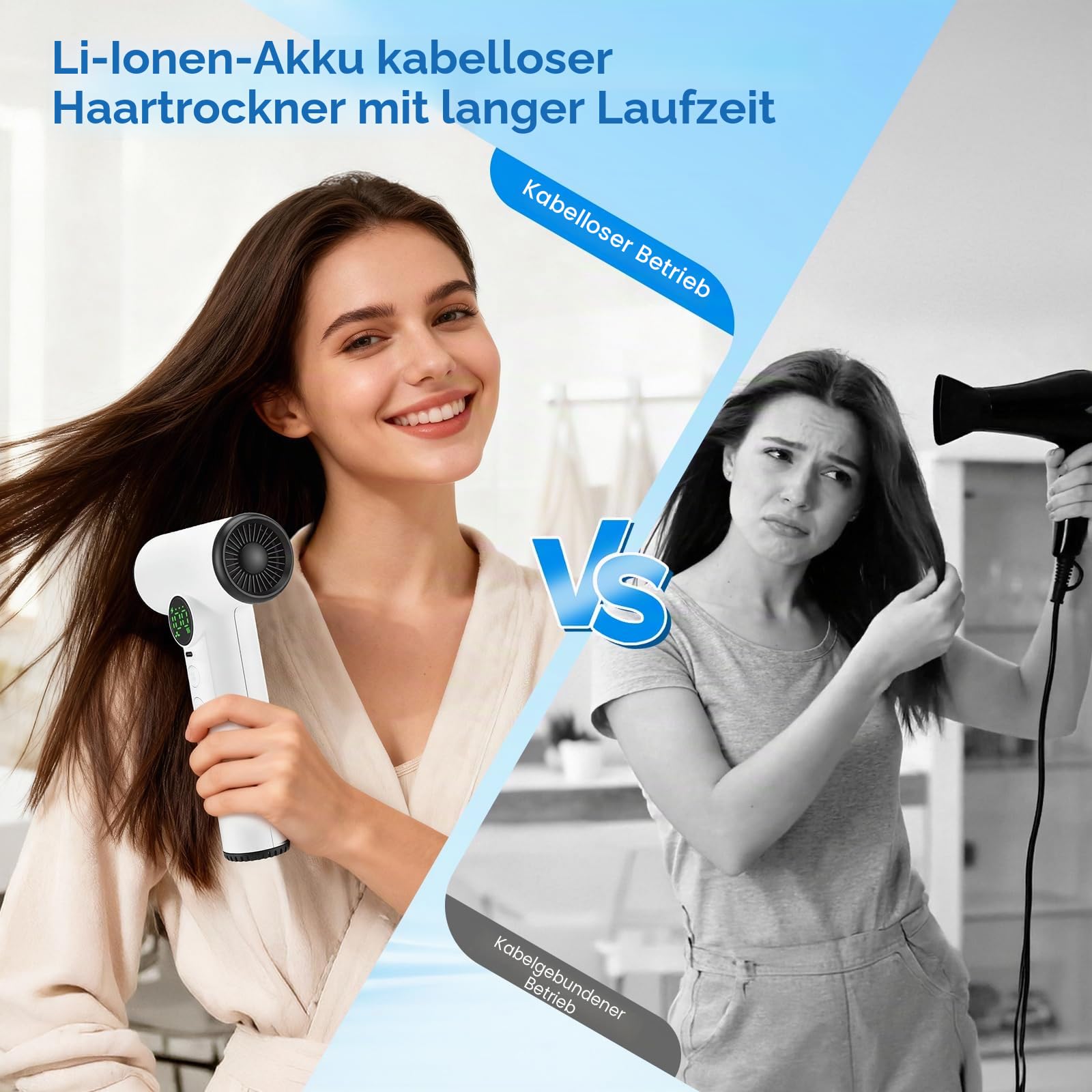 Pro Akku Reisefön 15600mAh - Kabelloser Haartrockner mit 100 Temperaturen & Geschwindigkeiten - Tragbarer Fön mit Digitaldisplay für Camping Reisen Hotel - Weiß