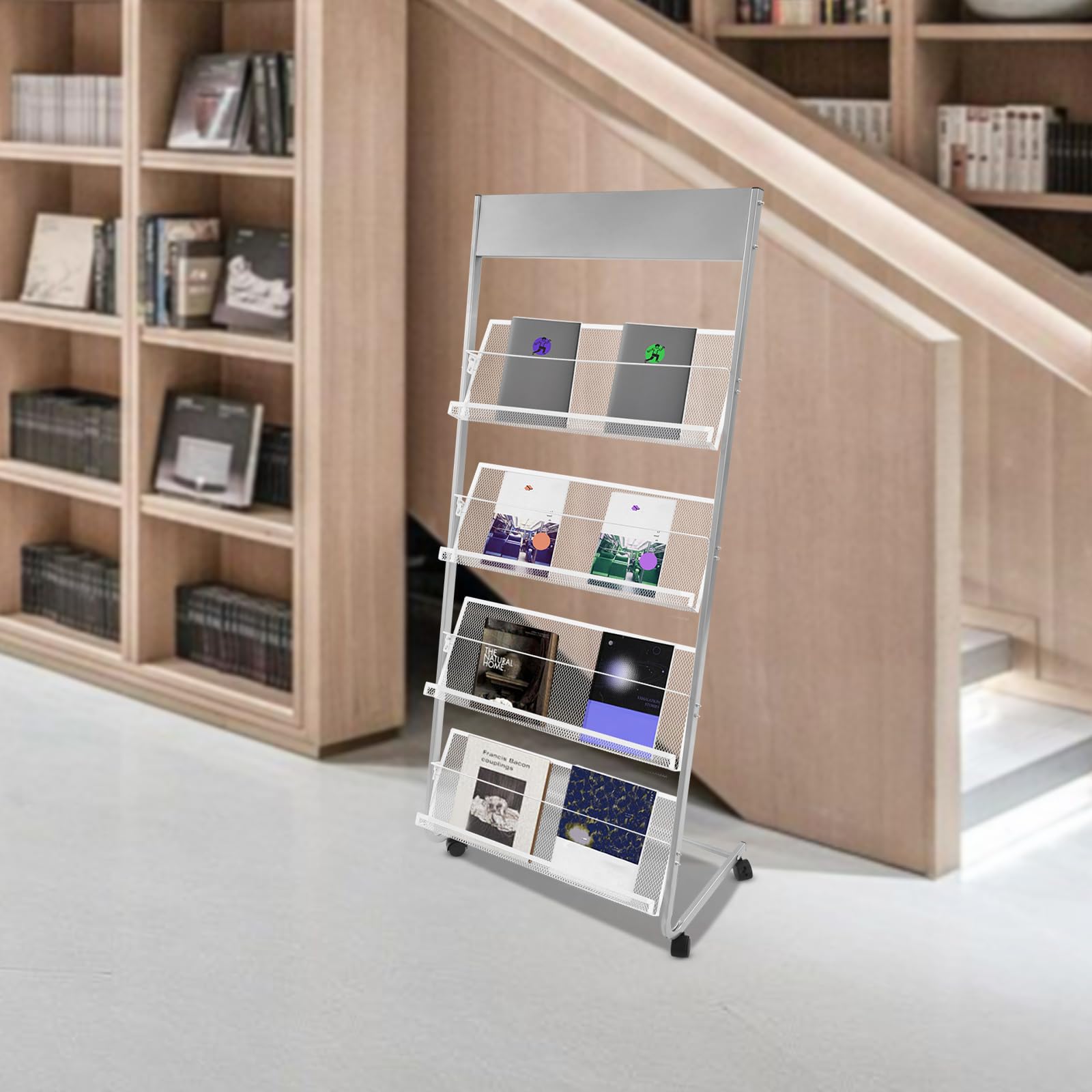 Zeitschriftenständer Zeitungsständer Modern Metall Magazinhalter 4 Ebenen Rollregal Freistehend mit Rädern für Büro Empfangsbereiche Wartezimmer und Studios (Silber)