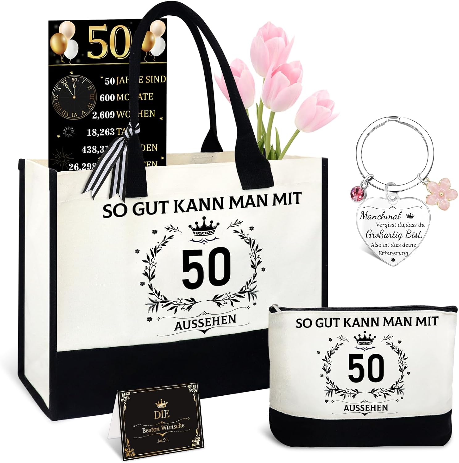 Shining She Birthday Gift for Women, Retirement Gift Woman, 40 50 60th Birthday Woman Gift with Canvas Bag Carry Bag Makeup Bag Keyring, 50 years