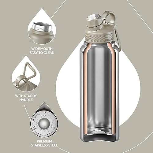 Miniatura 3 de IDEUS Botella de agua aislada de acero inoxidable con 2 tapas a prueba de fugas, frasco de agua térmica para senderismo, ciclismo, 40 onzas, Celadon