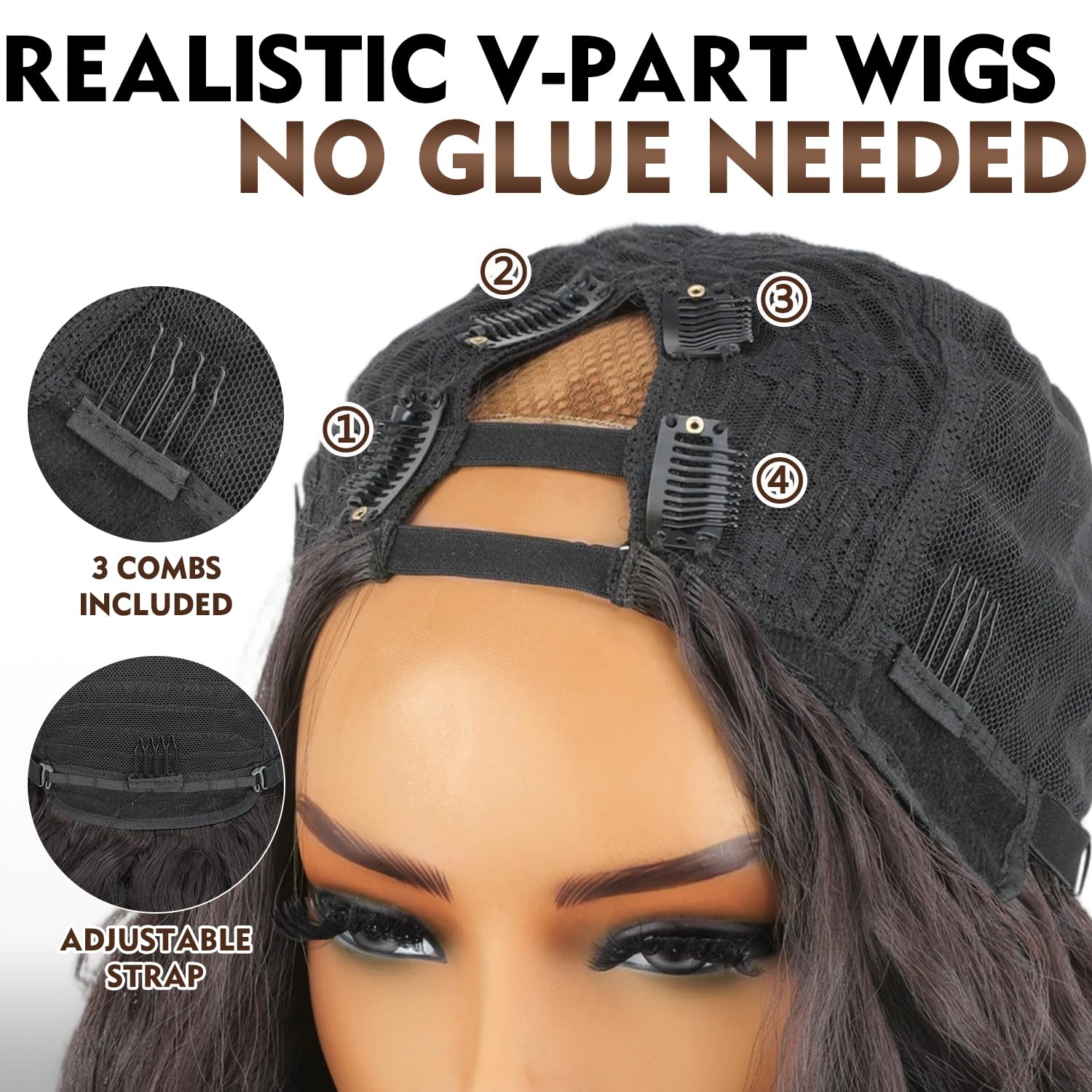 SOKU Curly Highlight Brown Synthetic Wig Glueless V Part Half Wigs for Black Women 22 Inch Lightweight Bouncy Layered Hair