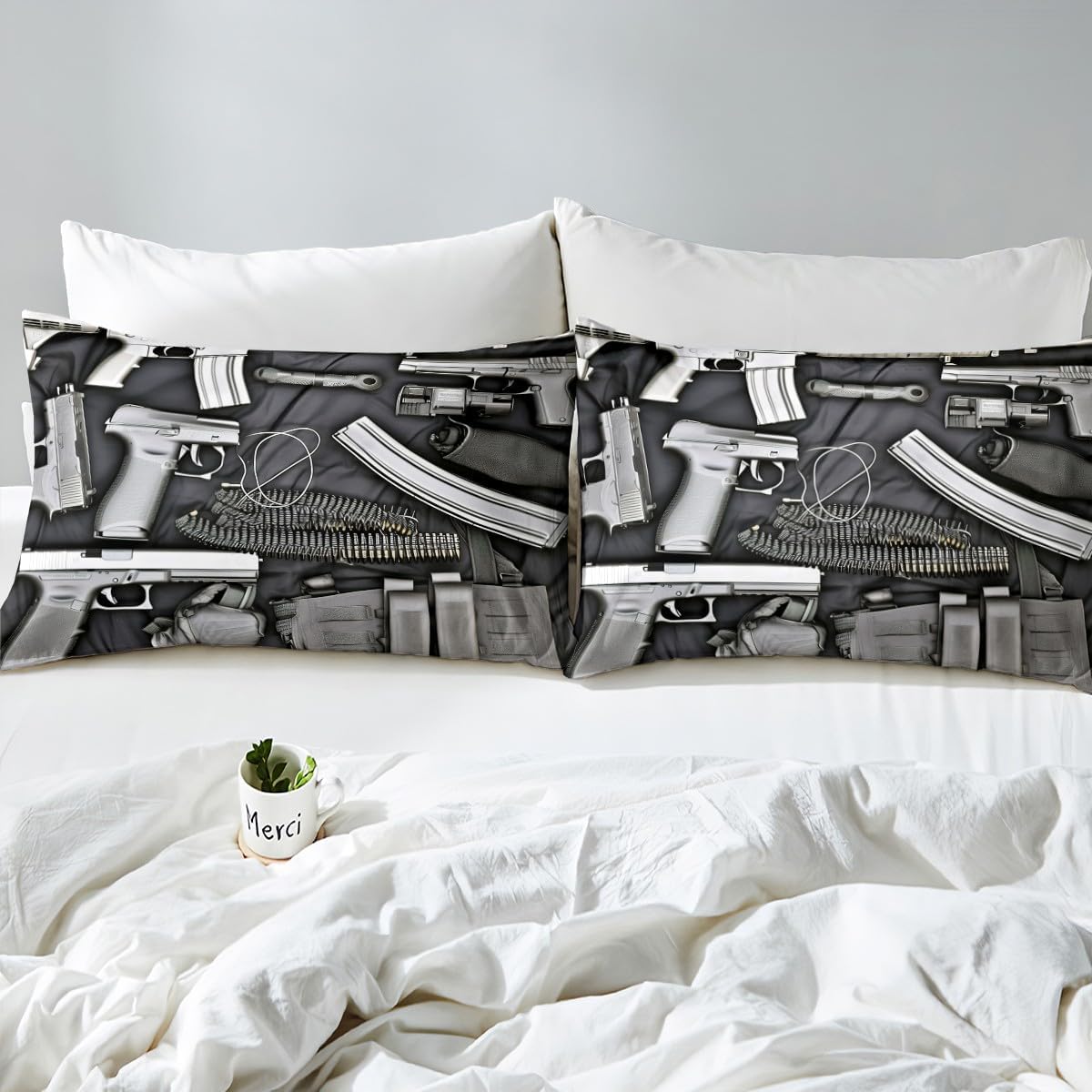 Feelyou Army Rifle Machine Gun Bedding Set Gun Pattern Duvet Cover for Kids Children Teens War Theme Comforter Cover Military Themed Bedspread Cover Bedroom Decor Quilt Cover 3Pcs Full Size