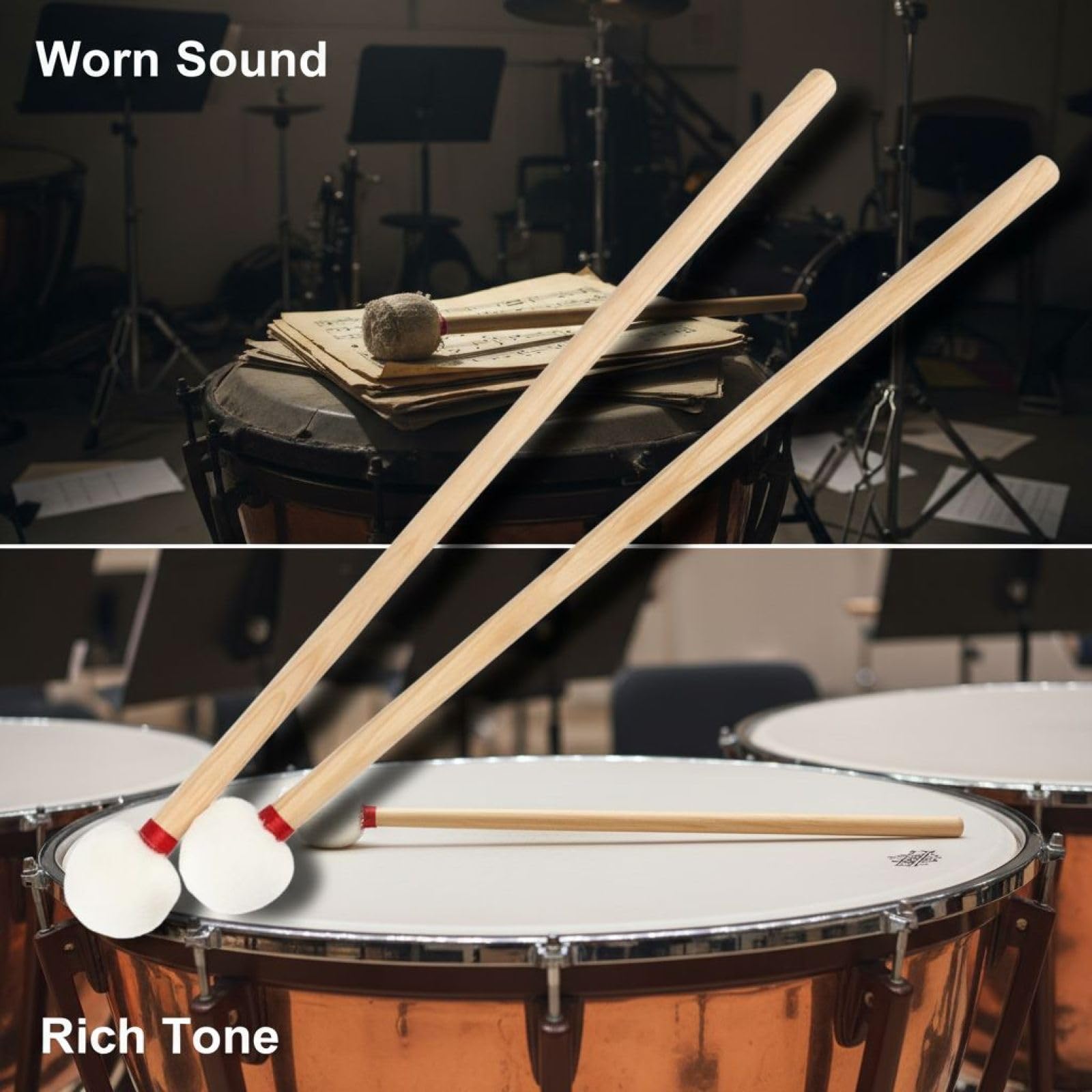 Lot de 2 mailloches de timbales, 38 cm, tête en feutre couleur bois naturel, manche en noyer avec ligne rouge, pour timbales d’orchestre, prise en main équilibrée, toucher souple et précis