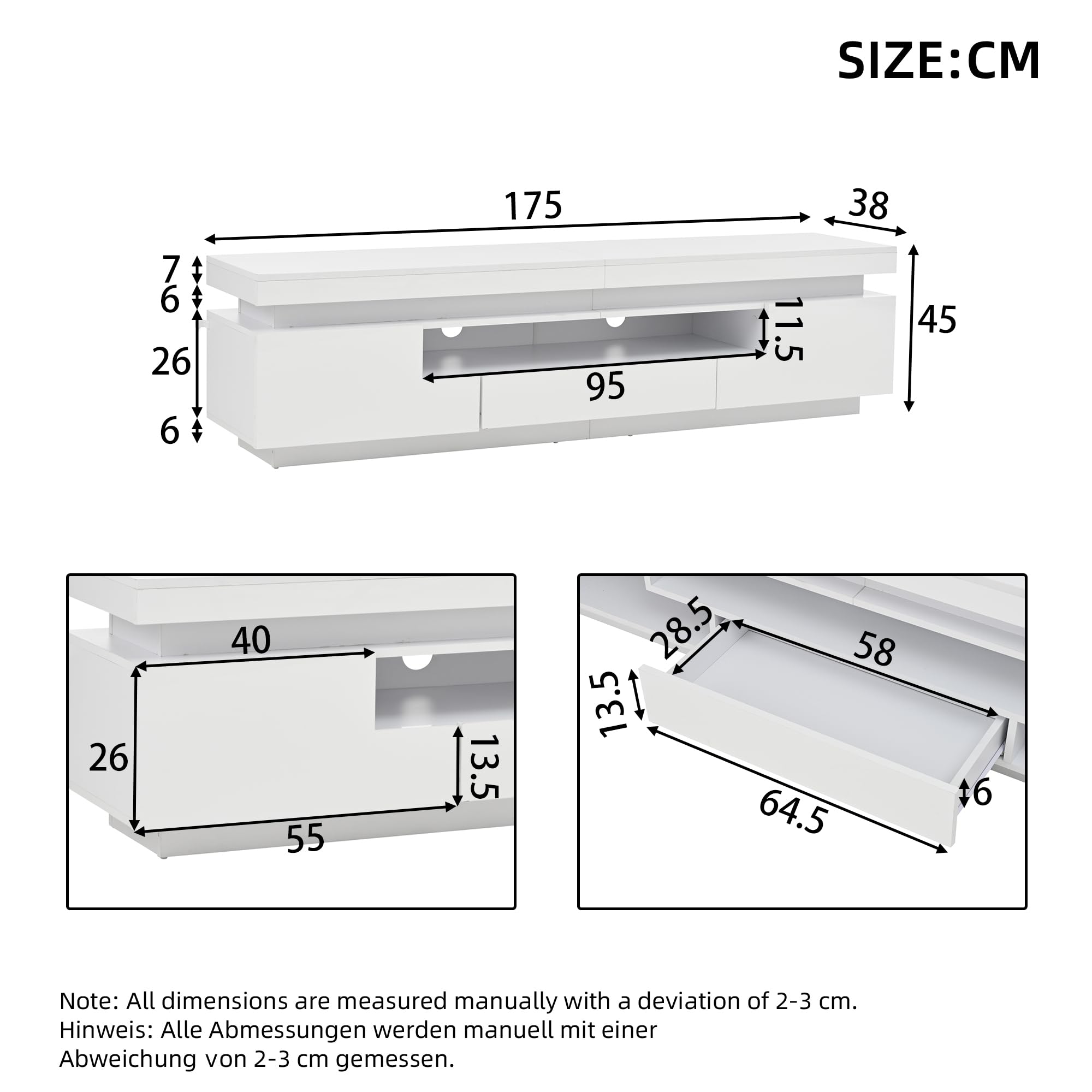 Meuble TV à Haute luminosité avec LED Portes tiroir Panneau Bas pour TV Jusqu’à 75 Pouces Meubles de Base avec Espace de Rangement Semi-Ouvert pour Le Salon Table d’Armoire TV Blanc