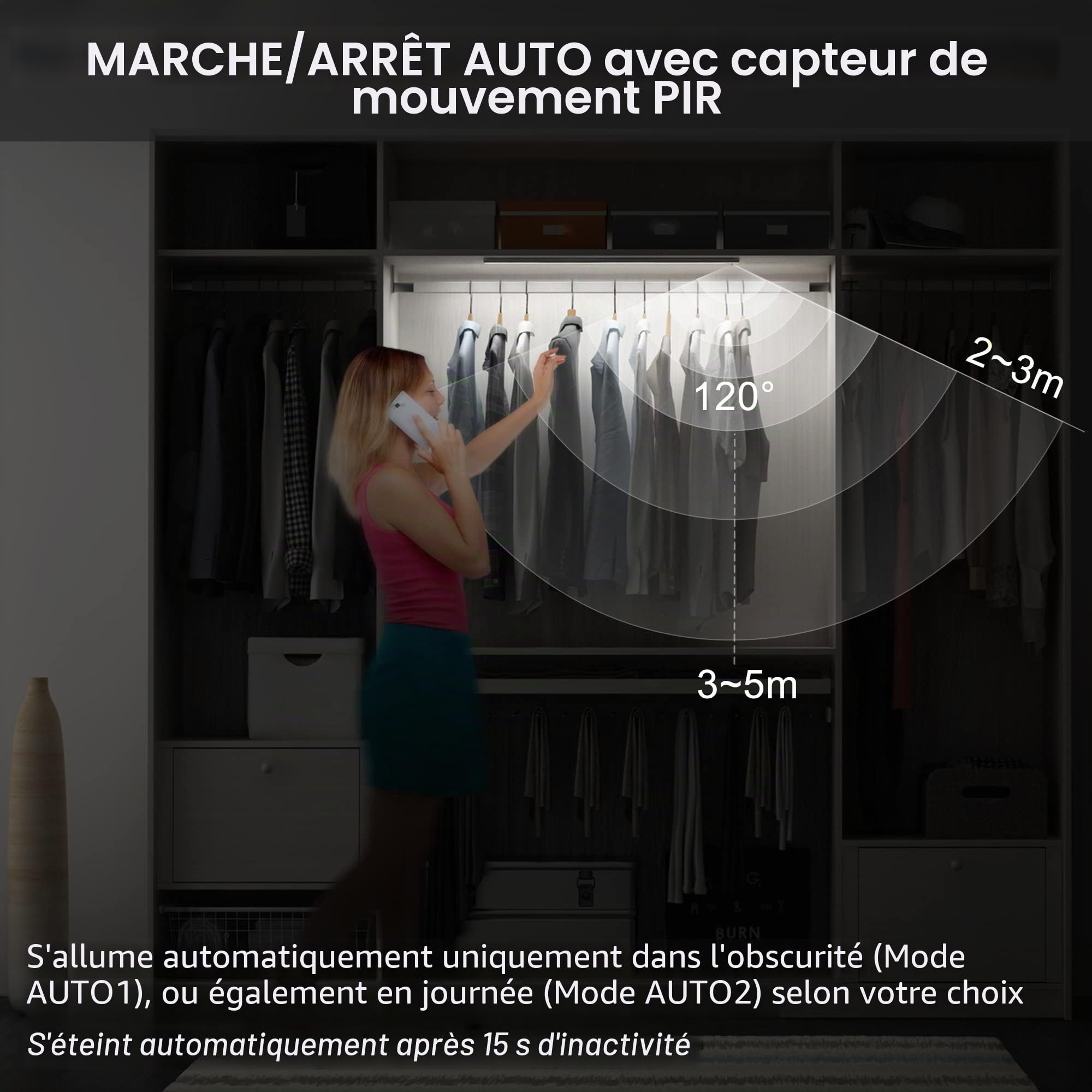 Led Lampe Dimmable de Placard 60cm, Applique Murale sans Fil avec Détecteur de Mouvement Interieur, Réglette Led Rechargeable sous Meuble Cuisine à 3 Modes d'Eclairage