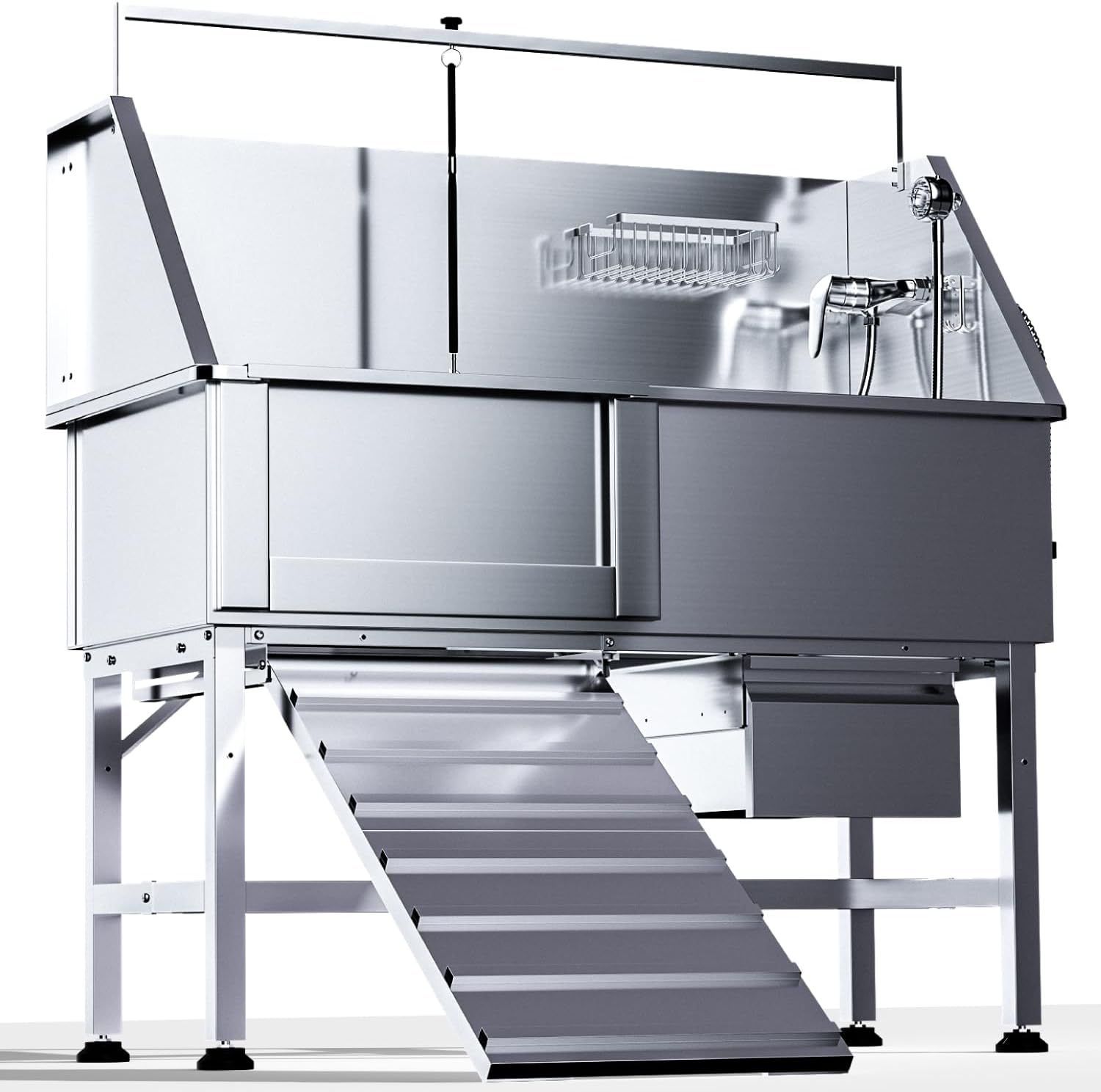 Dog Washing Station for Home,46" Stainless Steel Dog Bathing Station Height Adjustable Dog Washing Station for Home Dog Grooming Tub Ramp, Drawer, Floor Grate & Fauct