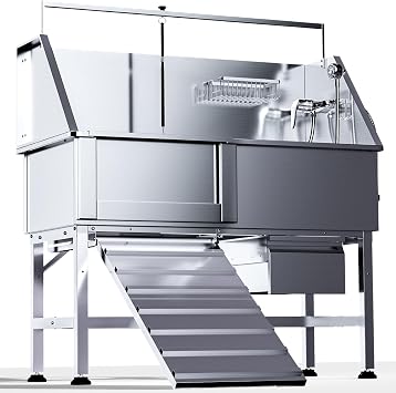 46" Dog Washing Station, Professional Stainless Steel Dog Bathing Station Pet Bathtub for Large & Medium Dogs, Height Adjustable Grooming Tub with Storage Drawer, Movable Ramp Left Ramp