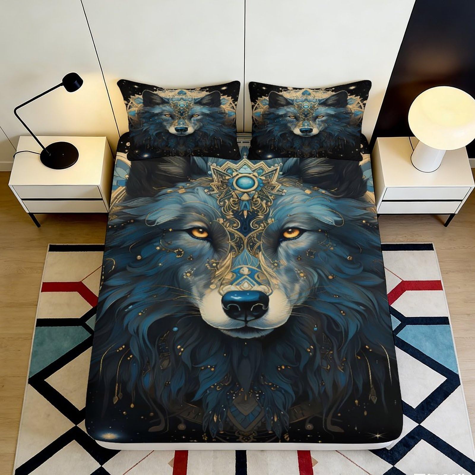 Pnayamiorkfel Style-2 3D Printed Blue Wolf Fitted Sheet Microfiber Soft Artistic Wild Animal Bed Cover For Bedroom Dorm Mattress Protection Decor 90X200x25cm