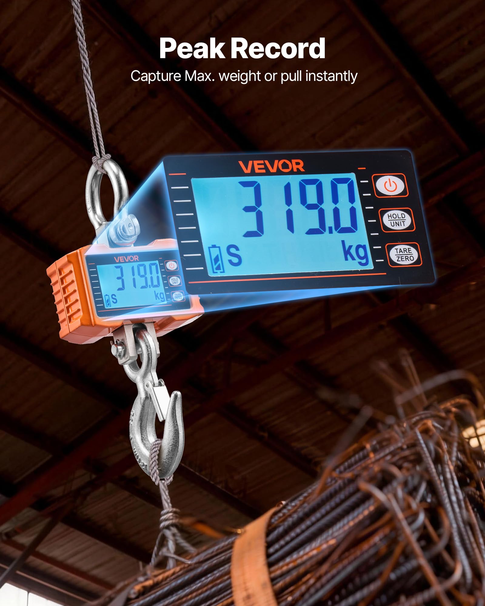 VEVOR Kranwaage 2000 kg, Digitale Hängewaage, Industriewaage mit Gehäuse aus Aluminiumguss & LCD-Display, 500-g-Teilung & 3-Stufiger Schalter, Fernbedienung, Hakenwaage für Garage & Fabrik