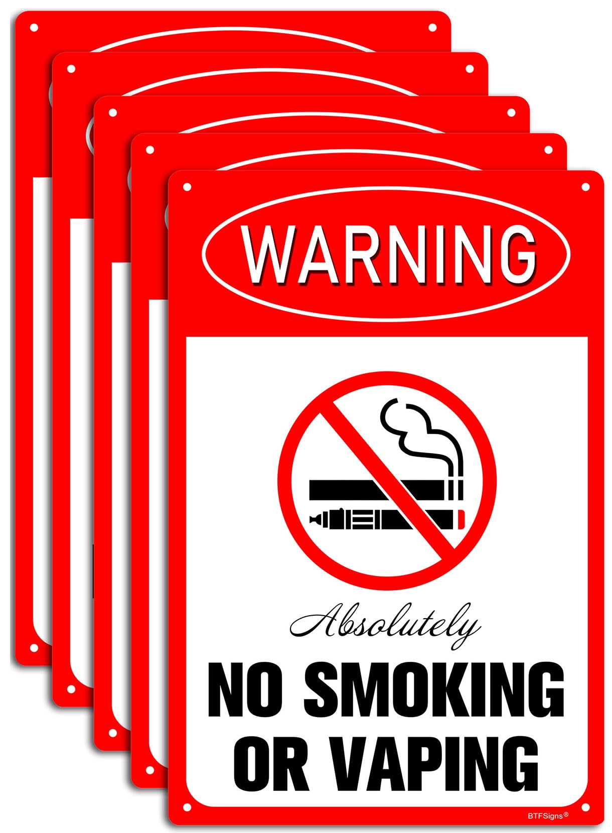 (5 pack) Absolutely No Smoking No Vaping Sign, 8"x12" Aluminum Warning Signs Conspicuous Red 4 Pre-drilled Holes
