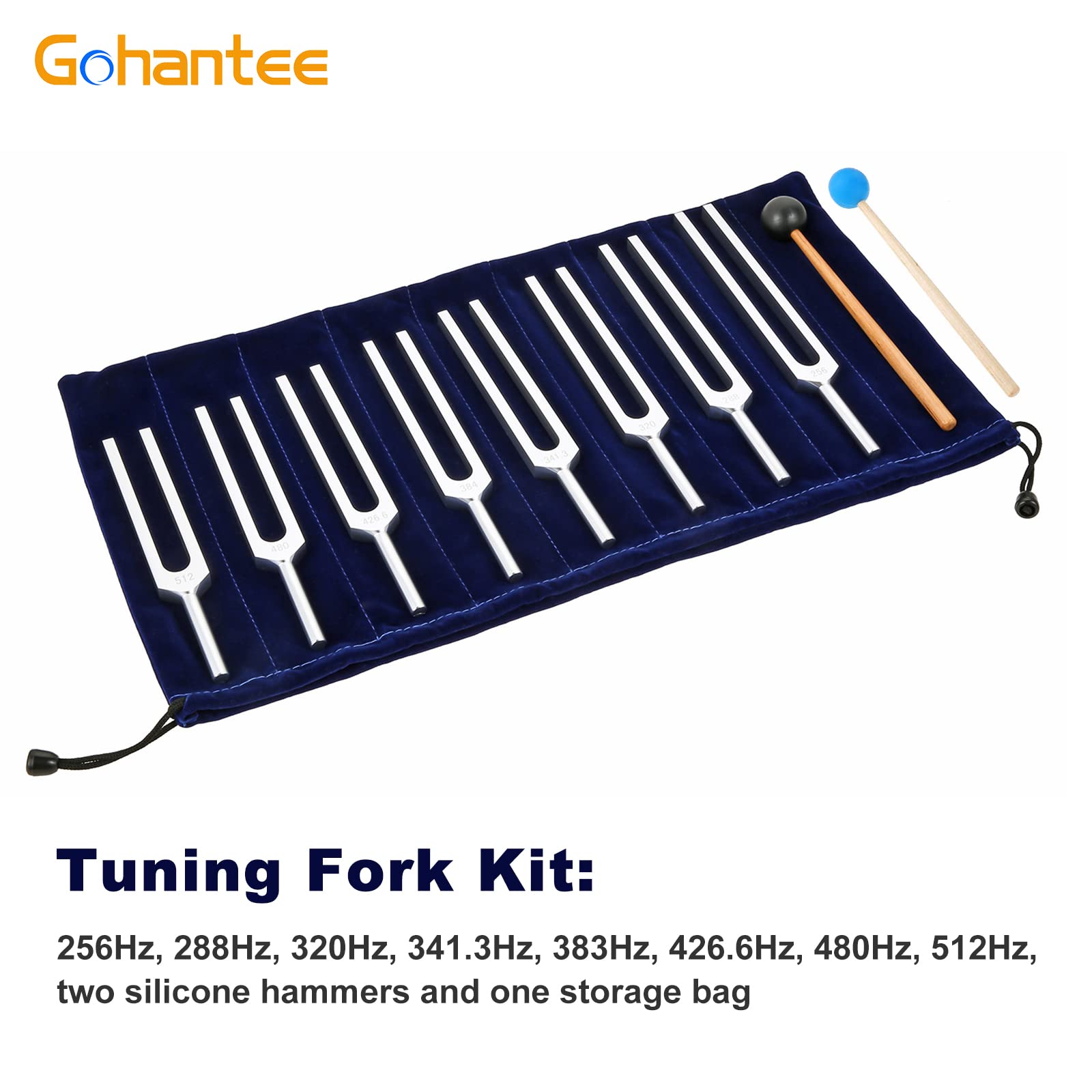 Gohantee Juego de 8 tenedores de afinación de chakra plateada+2 martillos de sonido (256Hz, 288Hz, 320Hz, 341.3Hz, 383Hz, 426.6Hz, 480Hz, 512Hz)