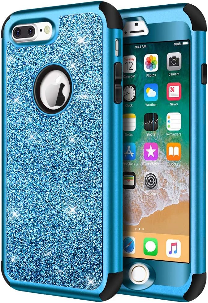 Hython iPhone 8 Plus/7 Plus Case - Heavy Duty Defender, Bling Glitter Sparkle Hard Shell Hybrid, Shockproof Rubber Bumper Cover, Blue