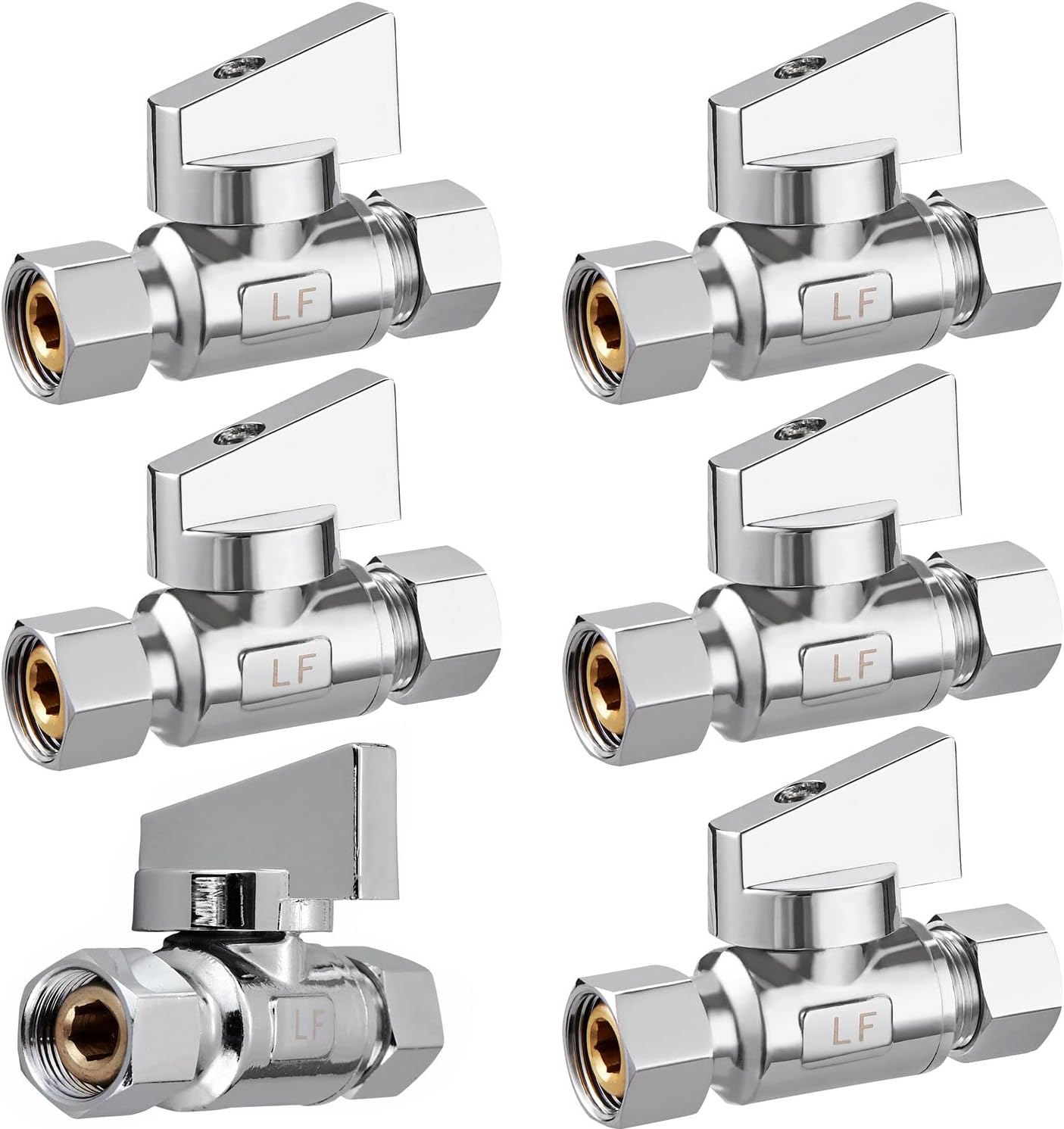 6 Pack Premium Chrome Brass 3/8" Comp FIP x 3/8 Inch Compression MIP Quarter Turn Water Straight Angle Stop (Add on) Valve