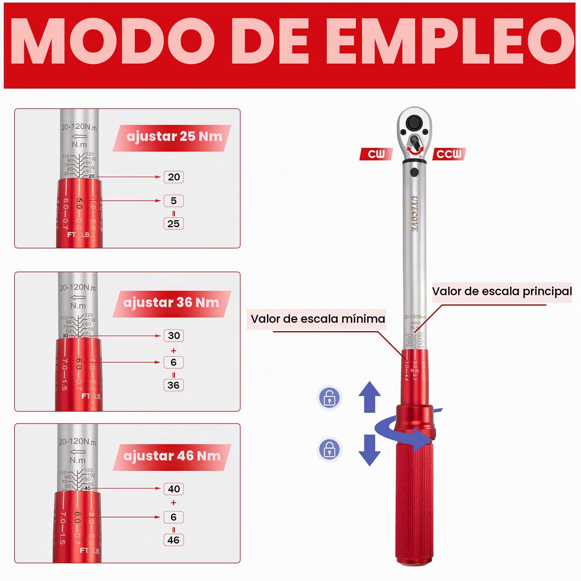 Juego de Llave Dinamométrica 3 Piezas: 1/4" 5-25nm, 3/8" 20-120nm, 1/2" 40-220nm - Para Bicicleta y Coche