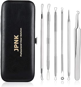 JPNK Blackhead Remover Tool Comedones Extractor Acne Removal Kit for Blemish, Whitehead Popping, 6 Pcs Zit Removing for Nose Face Tools with a Leather Bag