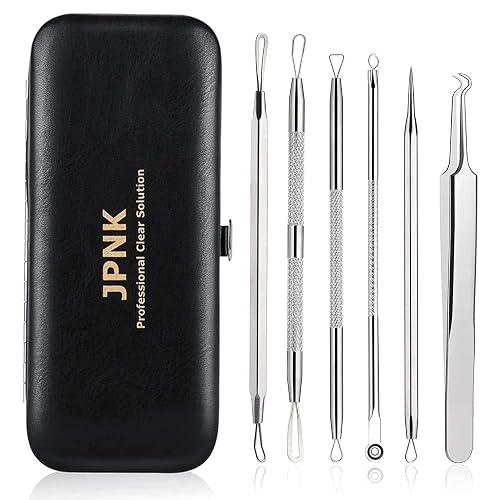 JPNK Blackhead Remover Tool Comedones Extractor Acne Removal Kit for Blemish, Whitehead Popping, 6 Pcs Zit Removing for Nose Face Tools with a Leather Bag - Silver