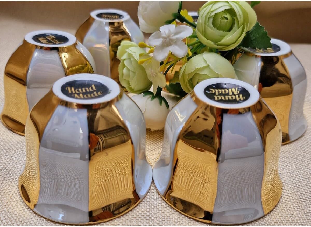 SODEF Coffee Cup Set, Gold Dilim Mirra, 6-Piece Porcelain, 3 fl oz Capacity, Modern Design, Golden Finish for Coffee, Tea, Espresso - Gold, One Size