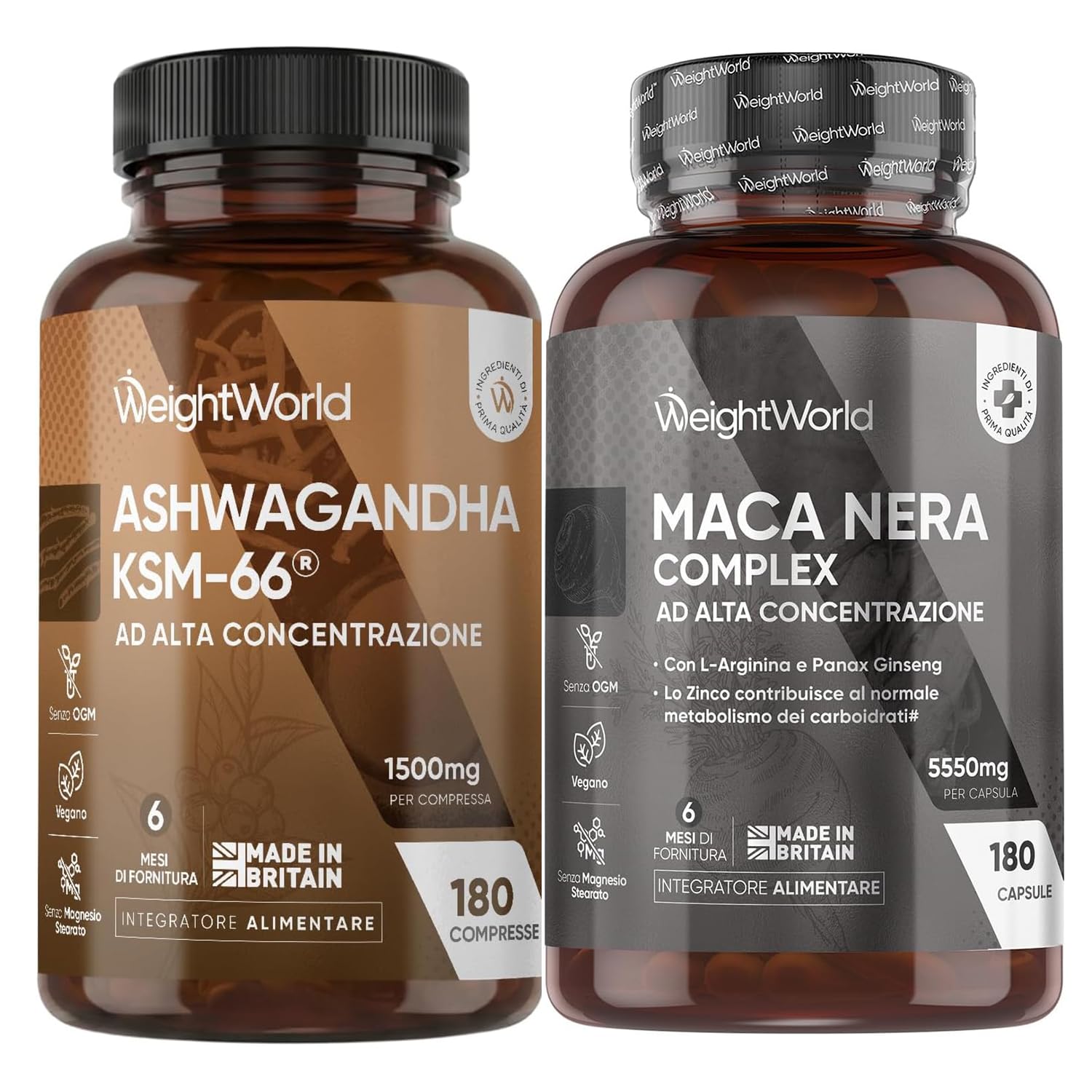 Maca Negra y Amarilla 5550mg + Ashwagandha KSM-66 1500mg - Pack para 12 Meses con 180 Cápsulas de Maca Andina Complex y 180 Comprimidos de Withania Somnifera, Apto para Veganos, Sin Gluten ni OGM