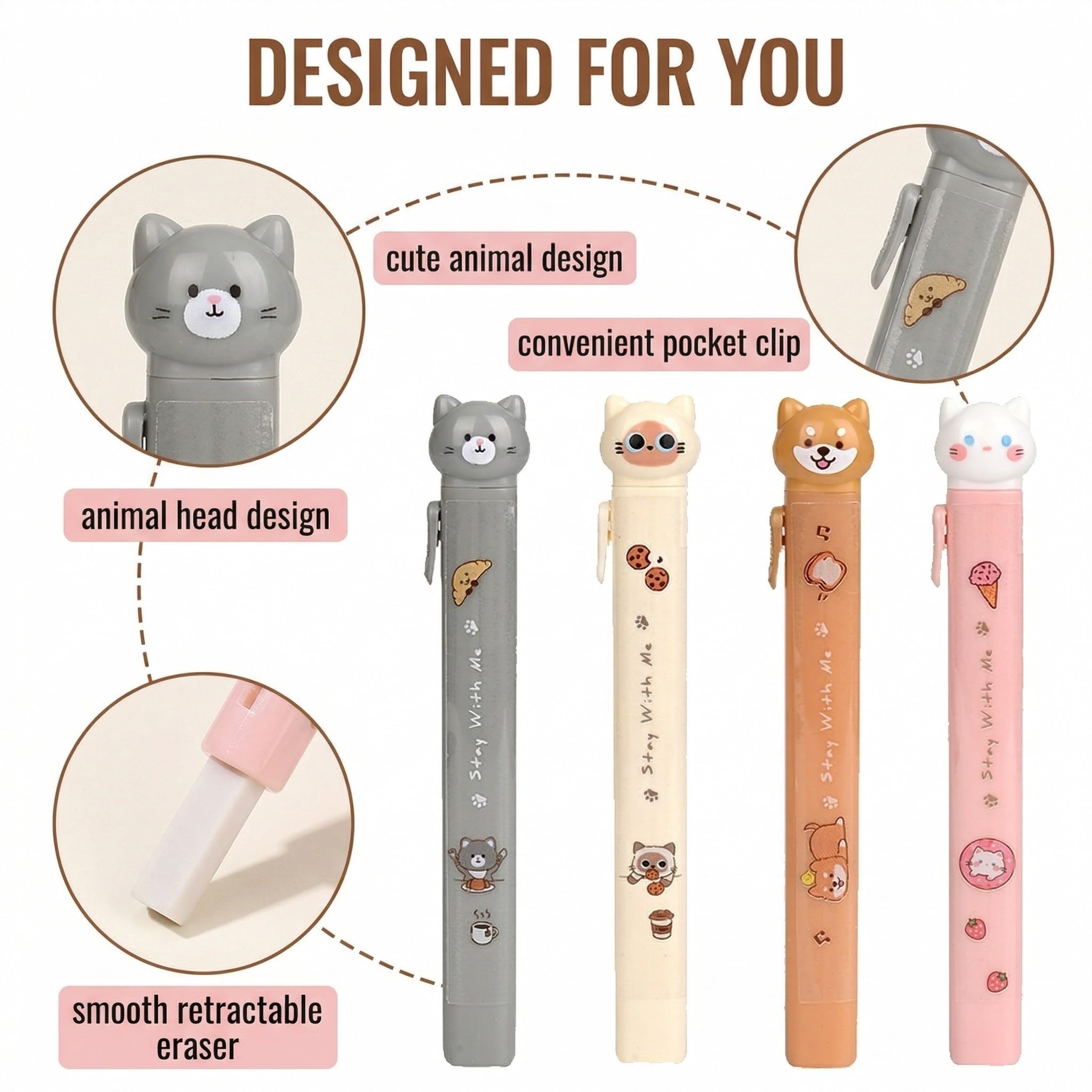 Gomme per Matite Retrattili con Design Gatto Carino - 4 Pezzi per Bambini, Disegno e Scrittura