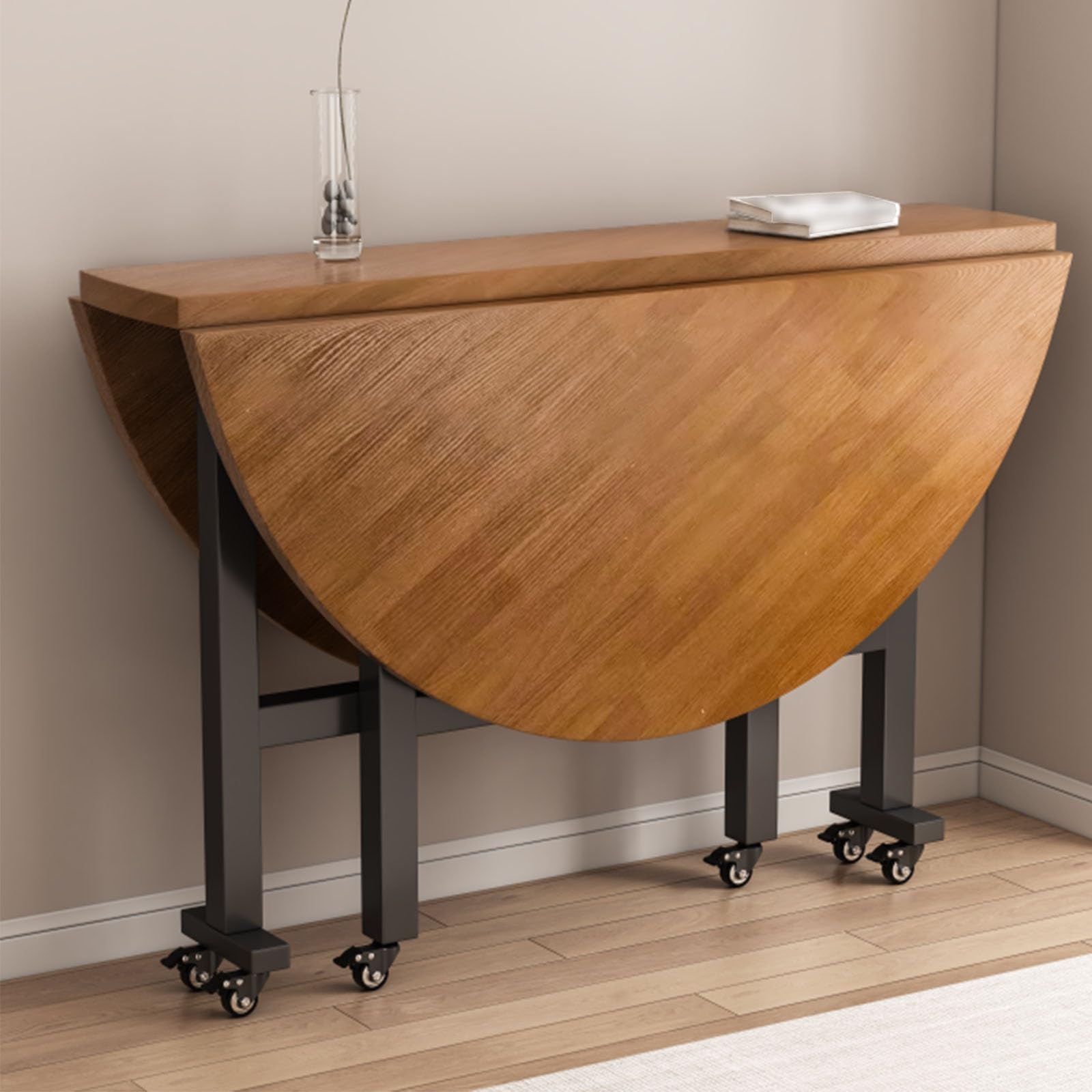 Mesa de Comedor Plegable for Uso doméstico, Mesa de Cocina Extensible con alas abatibles, Mesa de Cocina Redonda Plegable y portátil con 6 Ruedas(Brown,100cm)