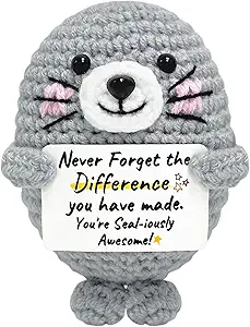 Birthday Gifts for Women Men - Emotional Support Crochet Seal with Positive Card, Inspirational Animal Companion for Coworkers Friends Mom Dad, Cute Desk Decor for Christmas Graduation Anniversary