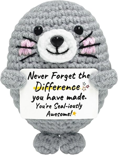 Birthday Gifts for Women Men - Emotional Support Crochet Seal with Positive Card, Inspirational Animal Companion for Coworkers Friends Mom Dad, Cute Desk Decor for Christmas Graduation Anniversary