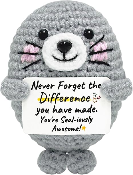 Birthday Gifts for Women Men - Emotional Support Crochet Seal with Positive Card, Inspirational Animal Companion for Coworkers Friends Mom Dad, Cute Desk Decor for Christmas Graduation Anniversary