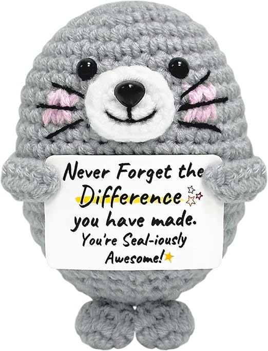 Birthday Gifts for Women Men - Emotional Support Crochet Seal with Positive Card, Inspirational Animal Companion for Coworkers Friends Mom Dad, Cute Desk Decor for Christmas Graduation Anniversary