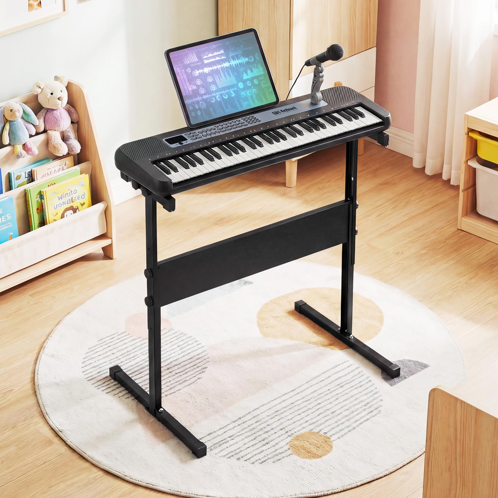 KOMFOTTEU Teclado Electrónico de 61 Teclas, Piano Digital con 200 Tonos, 200 Ritmos, Soporte Ajustable, Micrófono y Atril, Teclado Musical para Niños de 3+ Años (Negro)