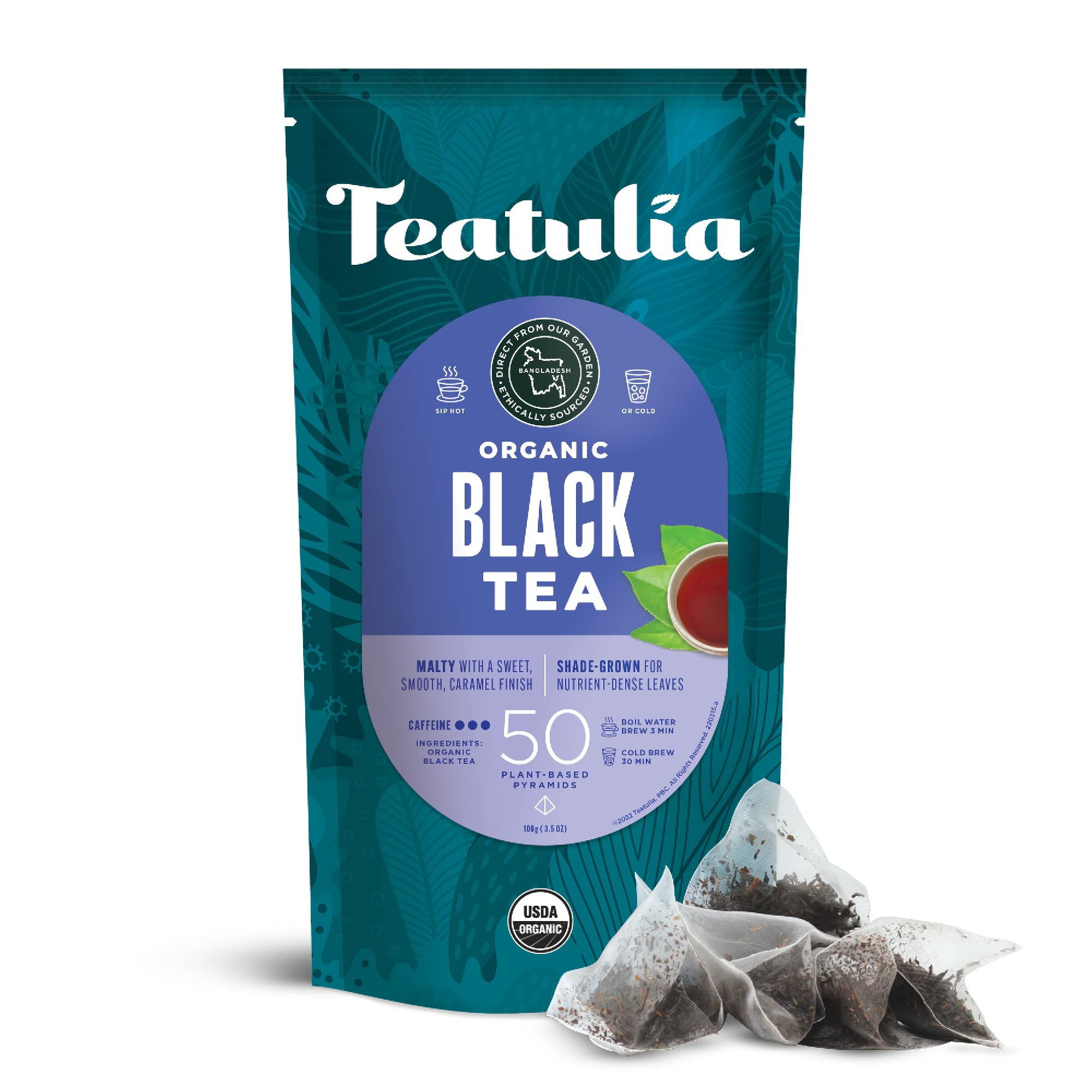 Teatulia Organic Black Tea Bags (50 Pyramid Sachet Teabags) 100% Compostable and Sustainably Grown In Bangladesh. Pure Black Tea Strong English Breakfast