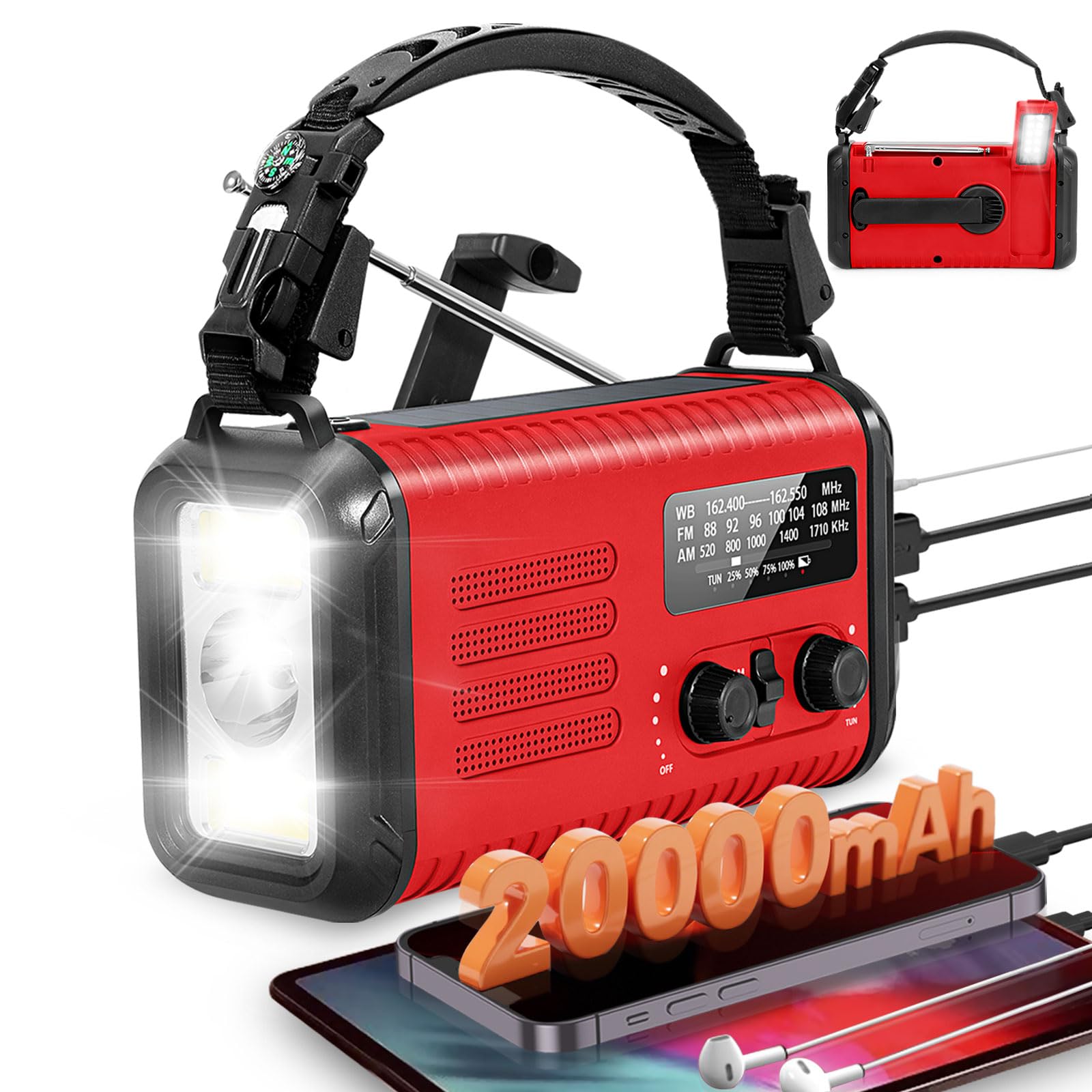 20000mAh/74000mWh Emergency Hand Crank Radio, NOAA Weather Radio with Am Fm NOAA, Solar Battery Operated Radios with Flashlight Cell Phone Charger, SOS Alarm, Compass &Reading lamp-image-43