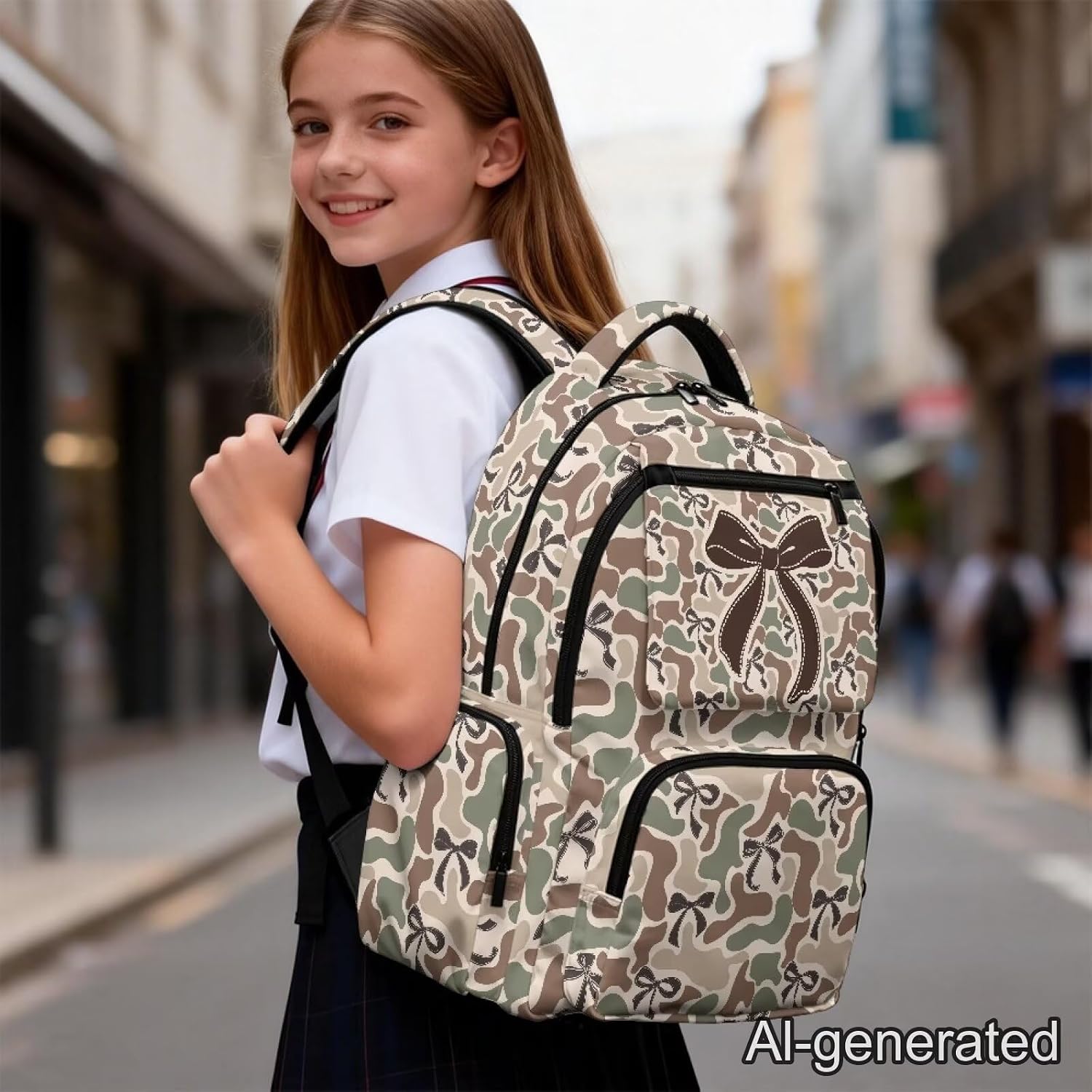 Camouflage Bow Backpack for School Kids Girls Large Capacity Schoolbags with Side Pockets Bookbags, 17 Inches College Students Backpacks Lightweight Laptop Daypack
