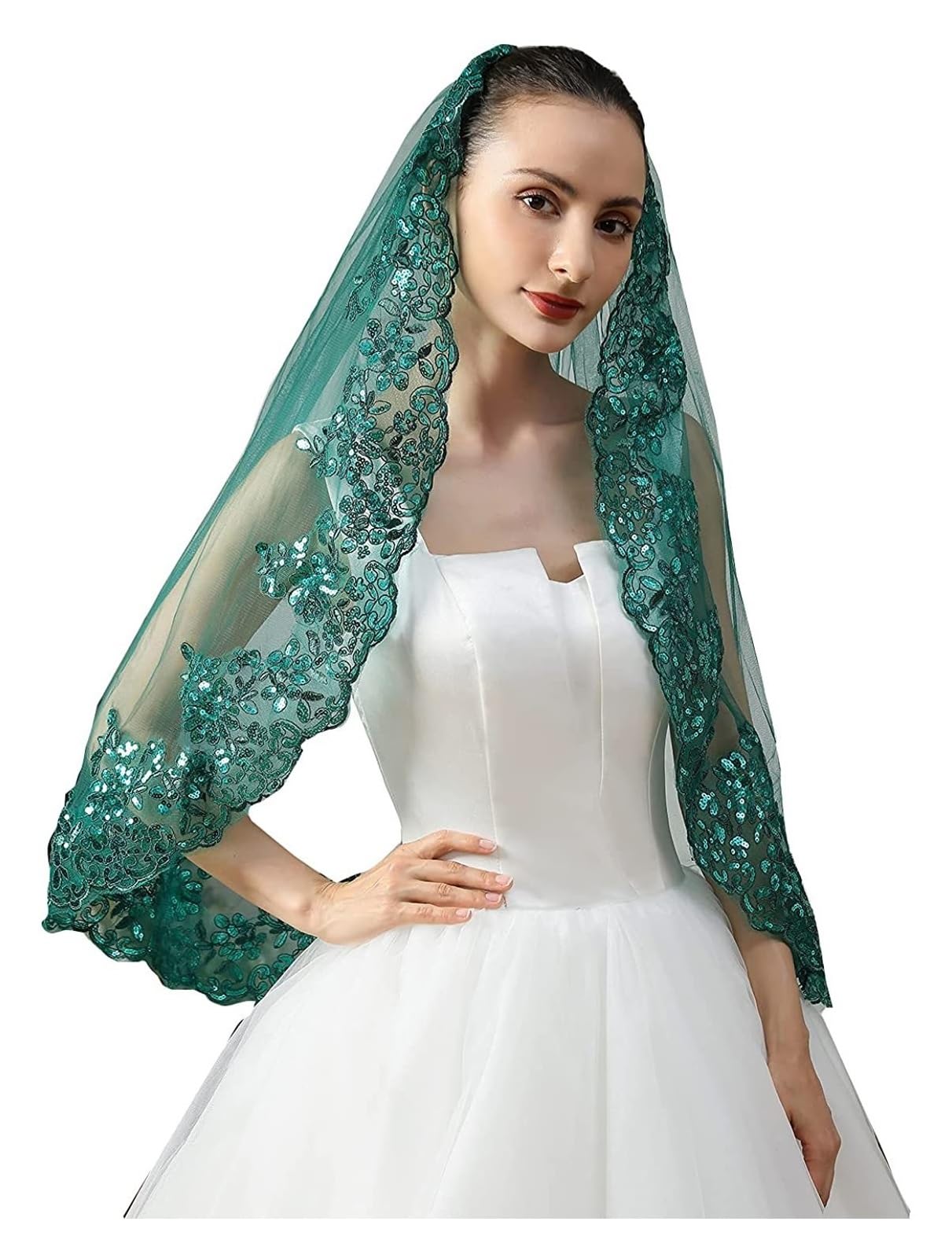 NJIEzhao Wedding Veil Tier Short Lace Sequin Green Wedding Bridal Veil With Comb Bride to Be Veil(Green)