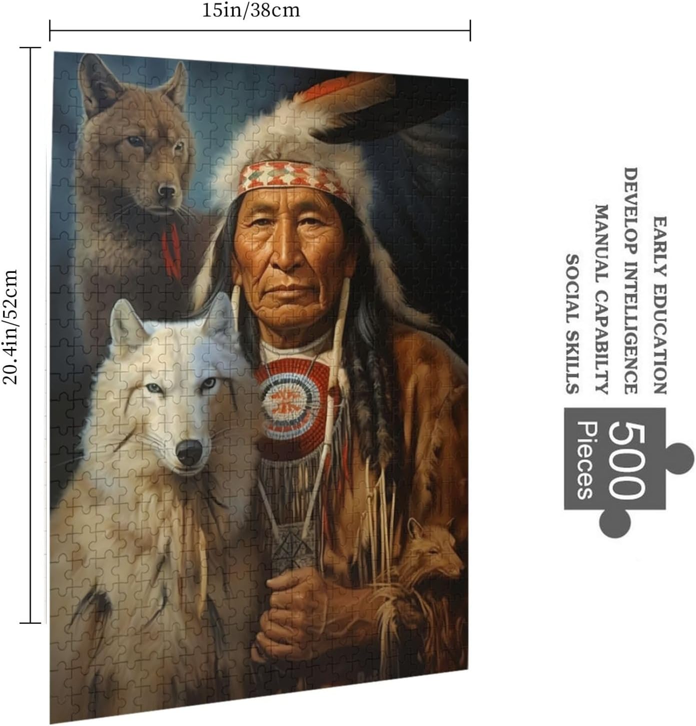Puzzles for Adults 500 Pieces Sitting Wolf Dog Native American Indian Tent Formation Wooden DIY Families Entertainment Holidays Funny Wall Art Gift Decoration Jigsaw Puzzle