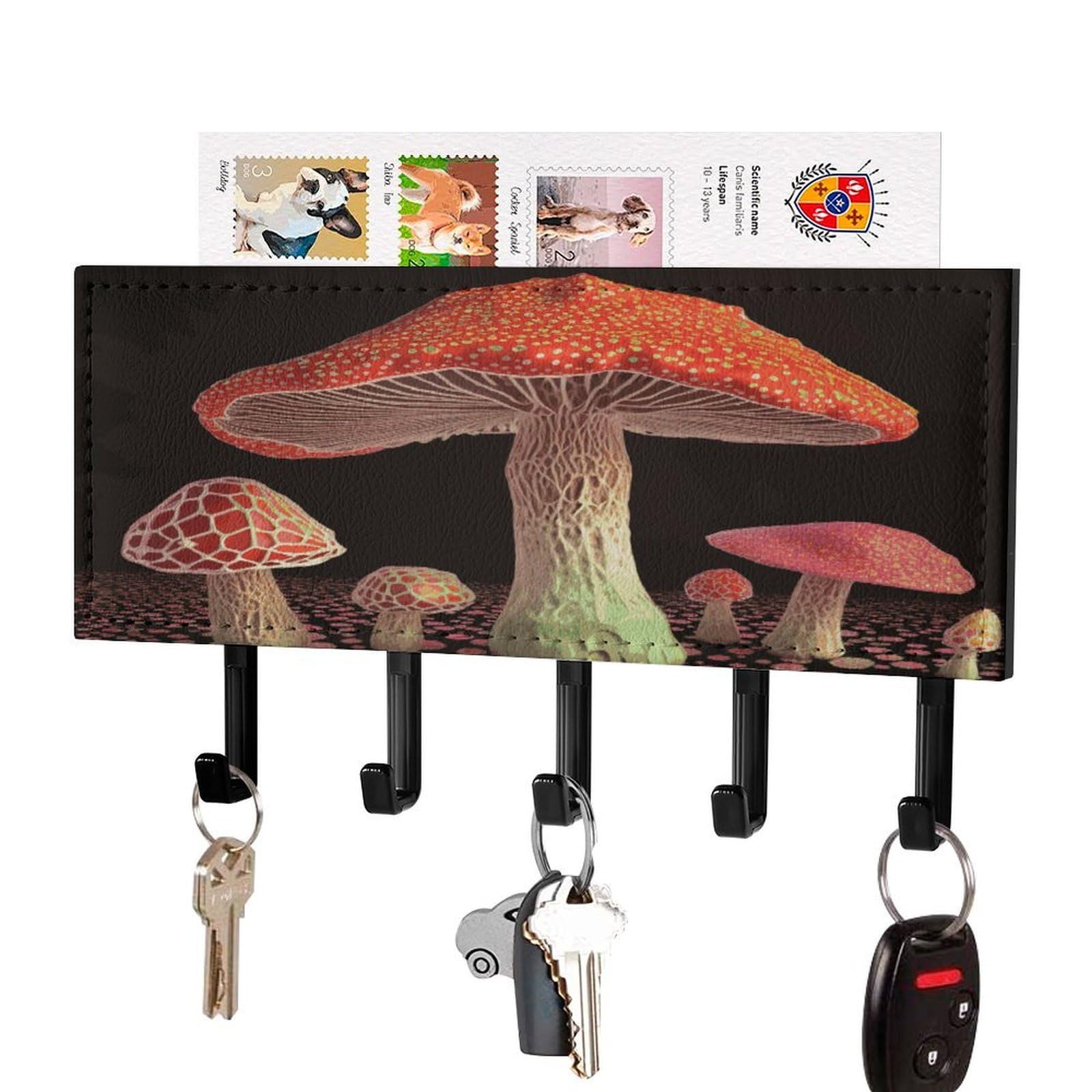 FekiLoot Mushroom Key Holder Wall Mount Key Hooks for Wall Decorative with 5 Hooks PU Mail Rack Organizer with Shelf for Entryway Mudroom Hallway Office 7.1X4.3 in