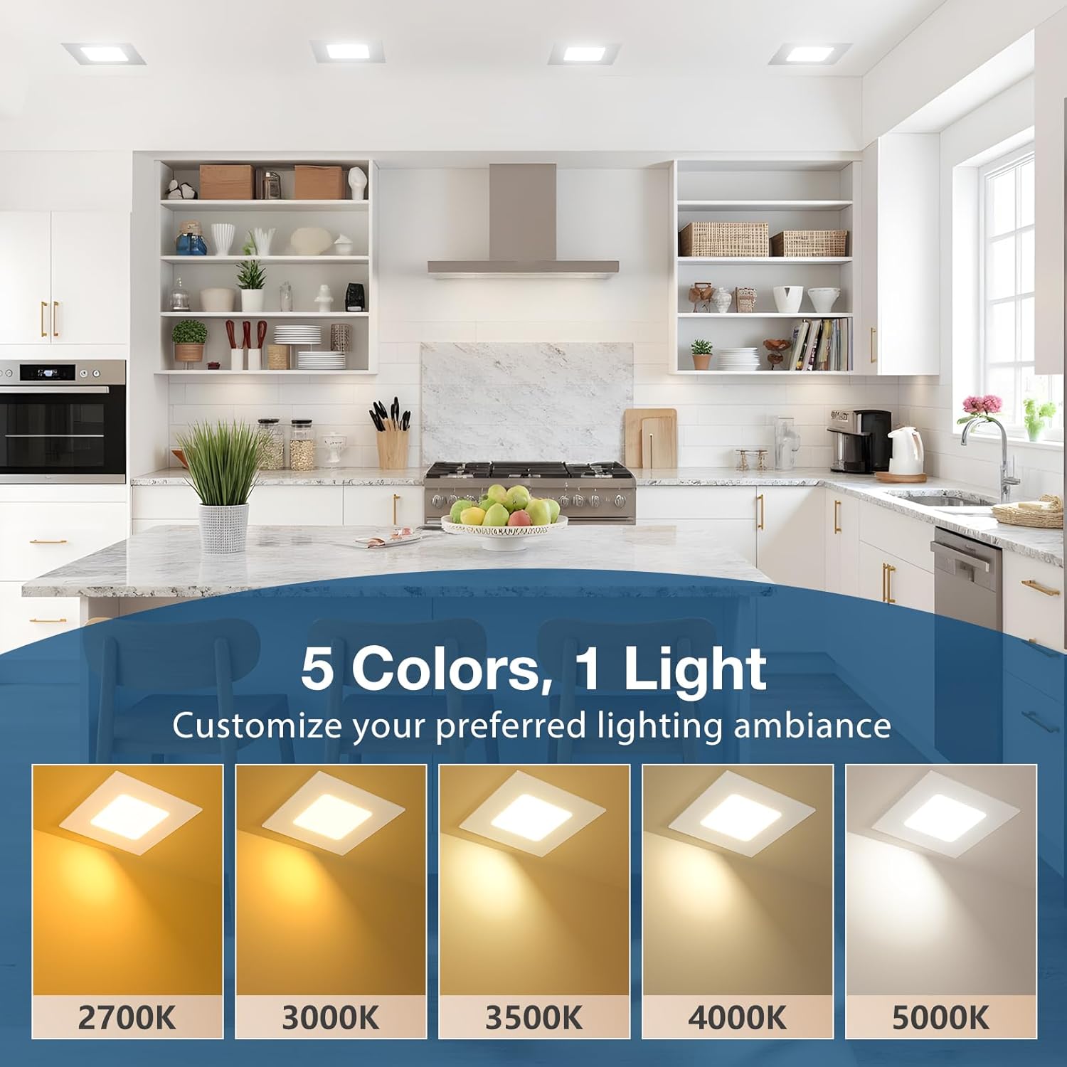 Amico 6 Pack 6 Inch Ultra-Thin LED Square Recessed Light with Junction Box, 5CCT 2700K/3000K/3500K/4000K/5000K Selectable, 1050LM Brightness, Dimmable Canless Wafer Downlight, 12W, ETL&FCC - Image 2