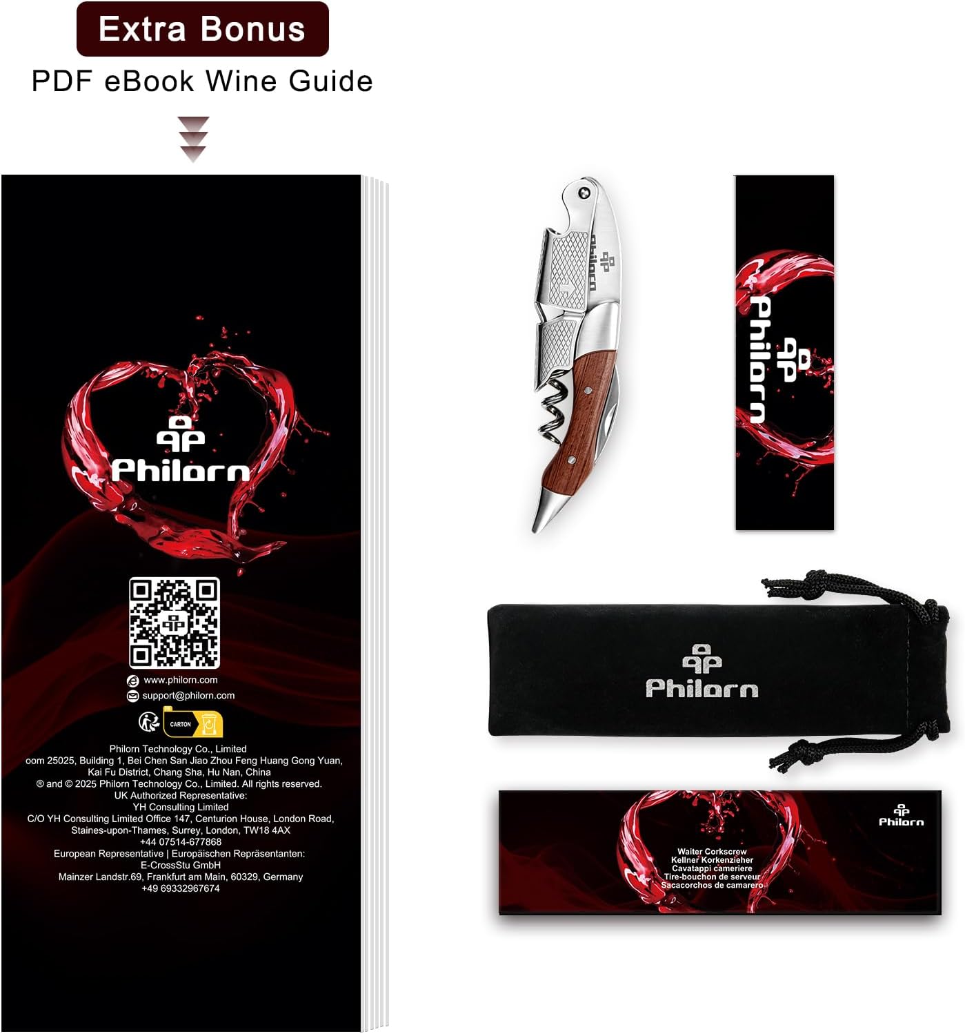 Philorn Wine Opener-Professional Corkscrew Wine Opener with Foil Cutter & Cap Remover, Manual Wine Key for Servers, Bartenders, Waiters & Home Use, Rosewood Handle Wine Bottle Opener